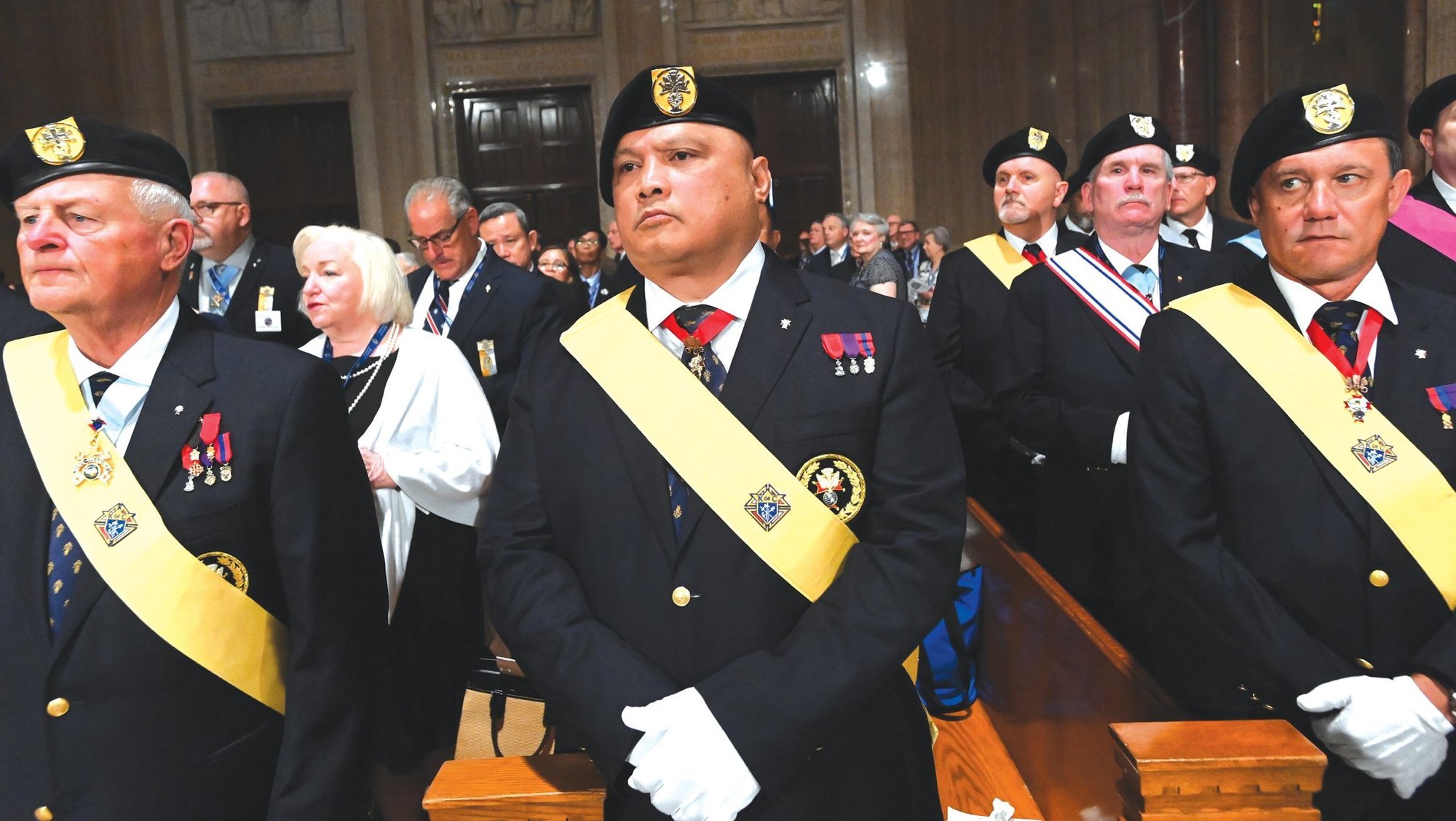 Members of the Knights of Columbus honor guard stand at attention during an Aug. 5, 2025, Mass celebrated at the Basilica of the National Shrine of the Immaculate Conception in Washington to open the fraternal organization's 143rd Supreme Convention. (OSV News photo/Patrick Ryan, for the Catholic Standard)