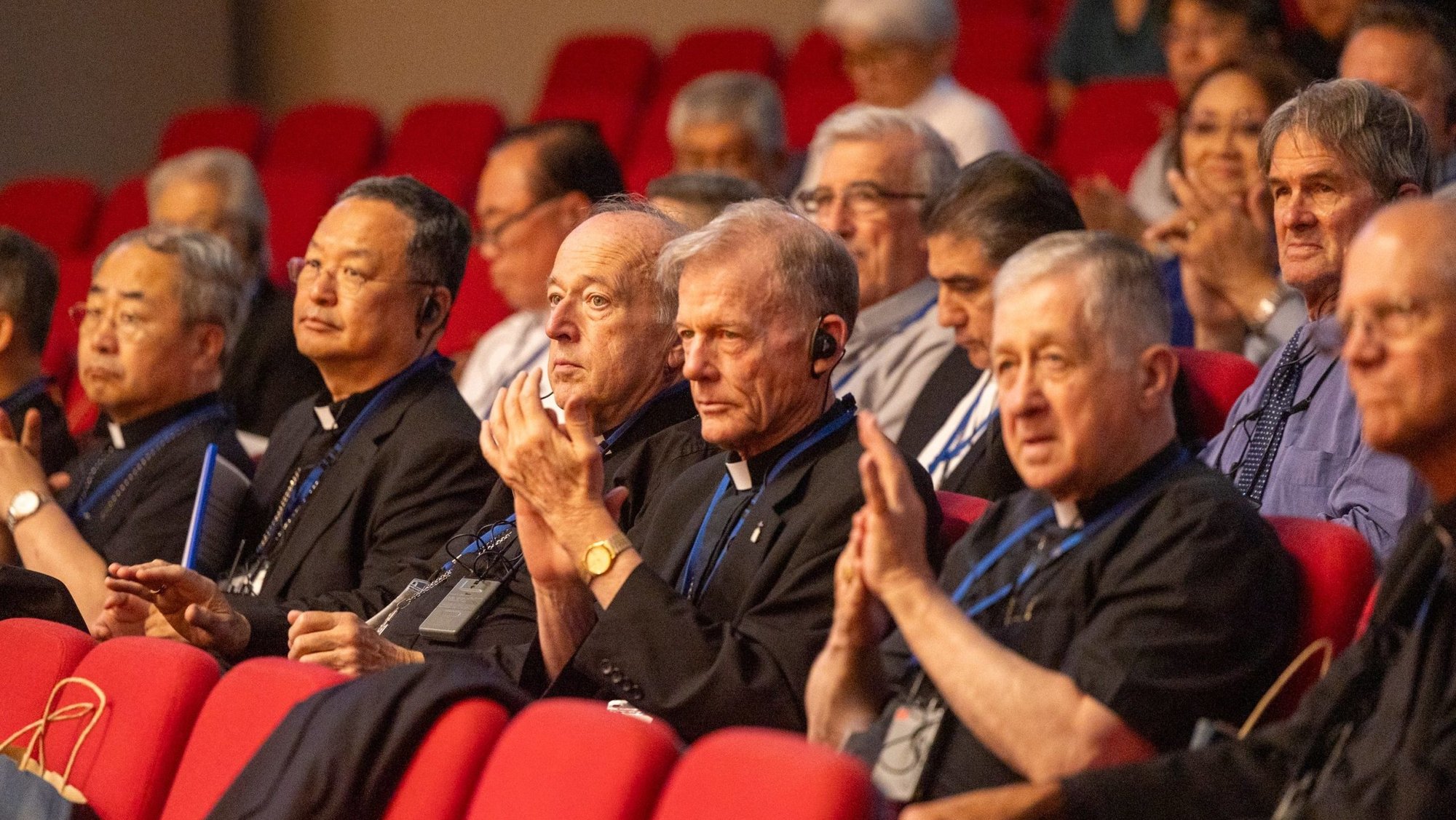 Washington Cardinal Robert W. McElroy, center, and other U.S. prelates attend a peace event hosted Aug. 5, 2025, by the Diocese of Hiroshima, Japan, where atomic bombing survivors were honored. The U.S. prelates pictured with the cardinal, from left to right, are Archbishop John C. Wester of Santa Fe, N.M., Cardinal Blase J. Cupich of Chicago and Archbishop Paul D. Etienne of Seattle. (OSV News photo/Mihoko Owada, Catholic Standard)
