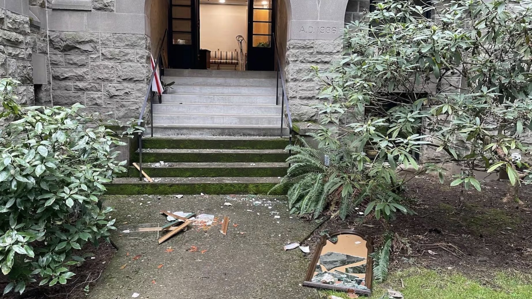 Broken glass and objects are seen on the ground Feb. 28, 2024, outside the historic Grotto, the National Sanctuary of Our Sorrowful Mother, in Portland, Ore., after it sustained major damage in a vandalism attack. The 62-acre shrine, constructed in 1924, is operated by the Order of Friar Servants of Mary. (OSV News photo/Chris Blanchard, executive director, The Grotto)