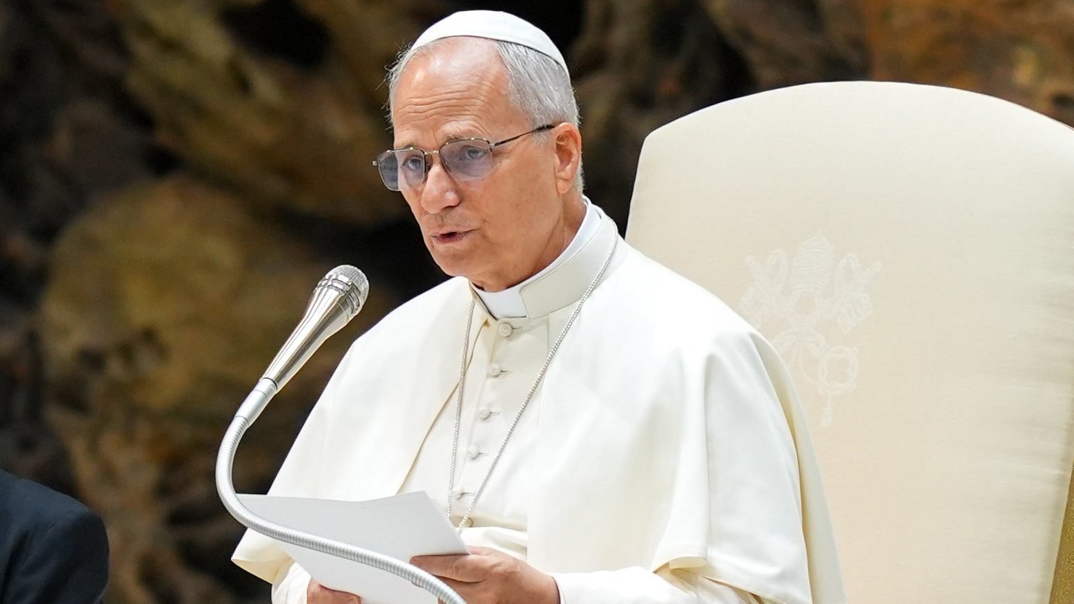 Pope Leo XIV talks to visitors during his weekly general audience in the Paul VI Audience Hall at the Vatican Aug. 20, 2025. (CNS photo/Lola Gomez)