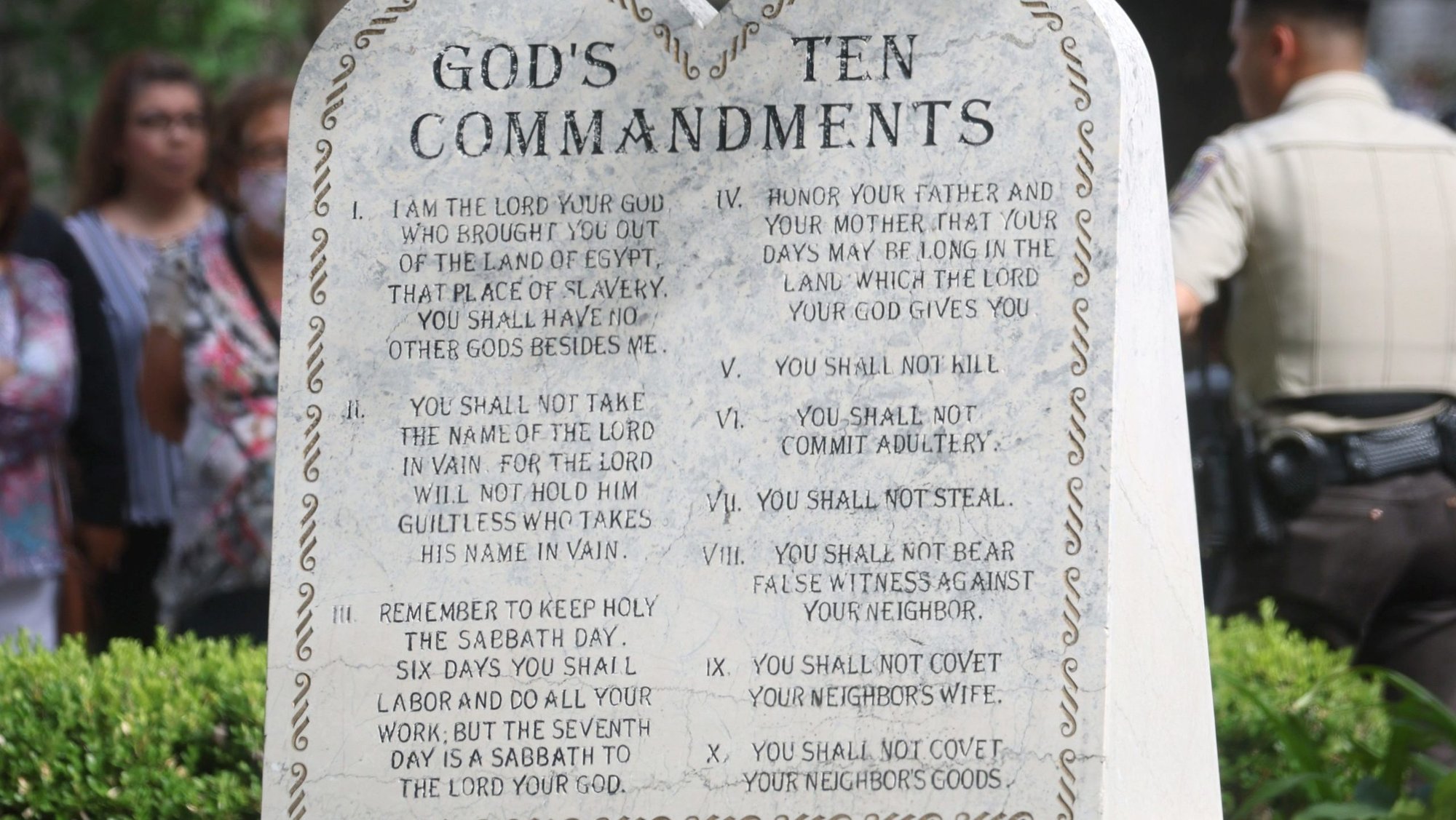 A monument of "God's Ten Commandments" is pictured in front of a church in Uvalde, Texas, June 1, 2022. A federal judge on Aug. 20, 2025, partially blocked Texas from enforcing a law requiring public school classrooms to display the Ten Commandments, finding the law violated the First Amendment. (OSV News photo/Shannon Stapleton, Reuters)