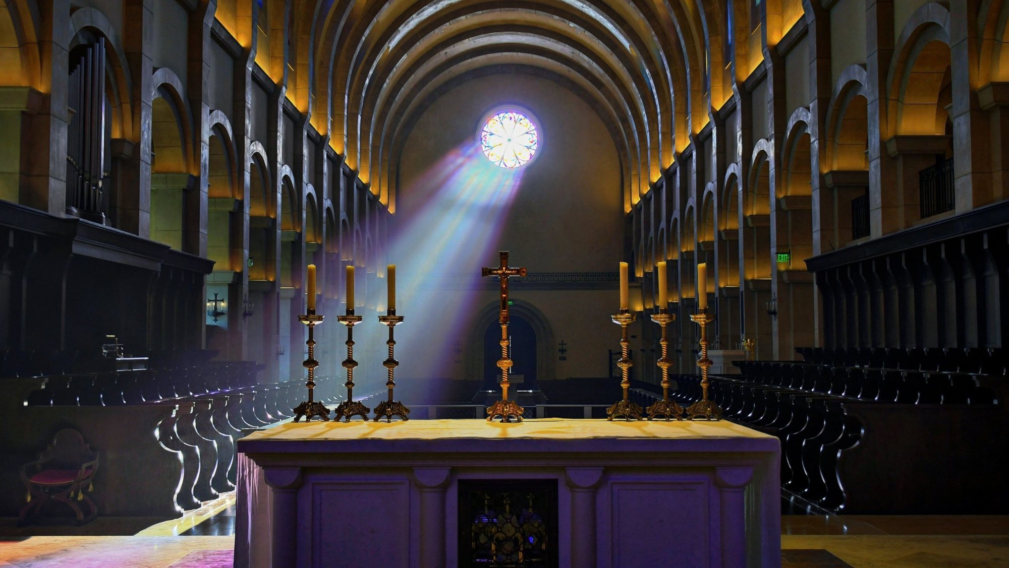 Light streams through a stained-glass window in the Norbertines' Church of Our Lady of the Assumption at St. Michael's Abbey in Silverado, Calif., in this undated photo. On Sept. 2, 2025, law enforcement officials arrested an Alabama man after he allegedly made criminal threats against the abbey church. (OSV News photo/courtesy St. Michael's Abbey)
