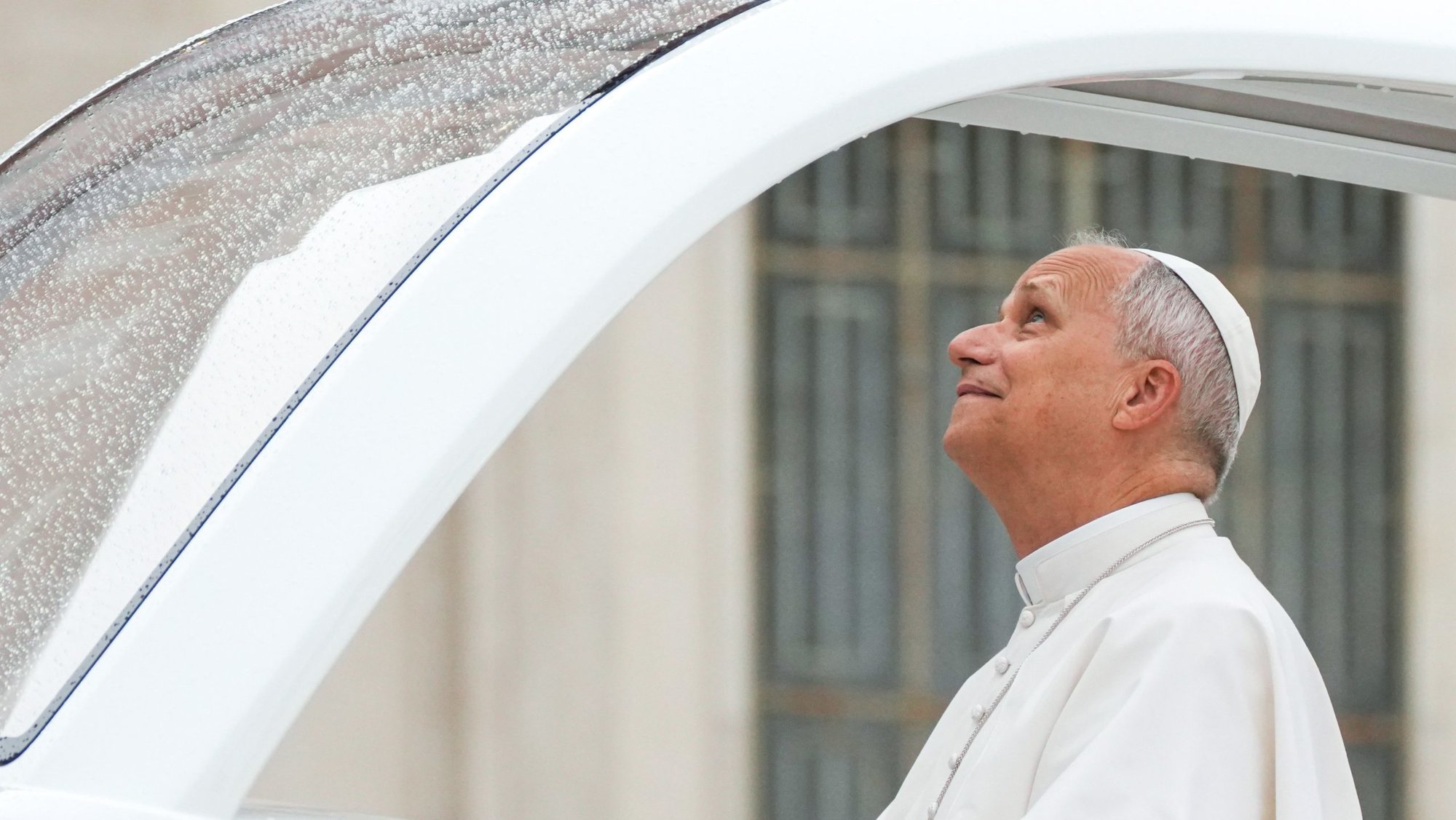 Pope Leo XIV looks upward as he arrives to begin his weekly general audience in St. Peter’s Square at the Vatican Sept. 10, 2025. (CNS photo/Lola Gomez)