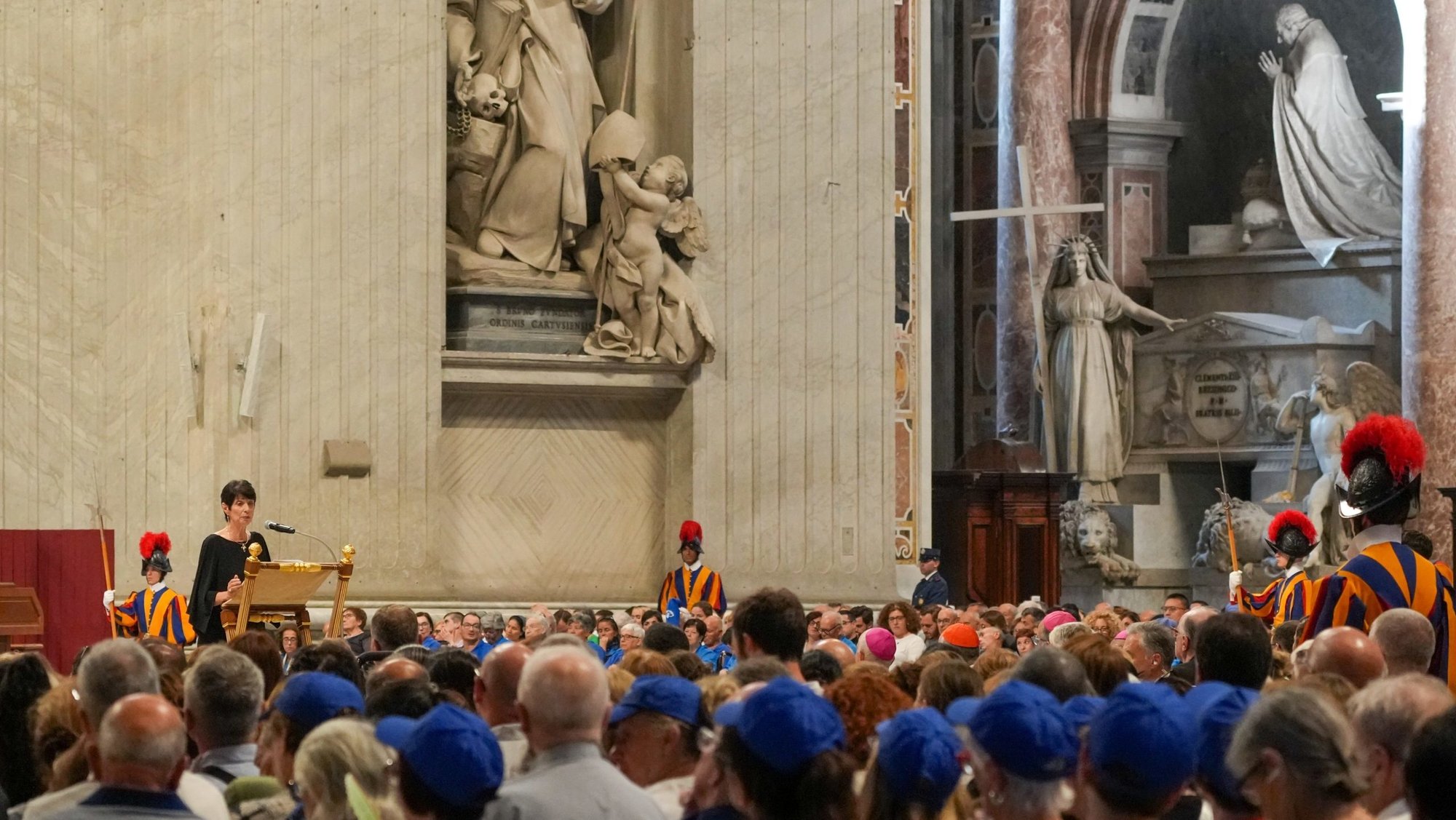 Diane Foley, mother of U.S. journalist James Wright Foley, who was murdered by militants in Syria, speaks during a prayer vigil with Pope Leo XIV as part of the Jubilee of Consolation in St. Peter's Basilica at the Vatican, Sept. 15, the feast of Our Lady of Sorrows. (CNS photo/Lola Gomez)