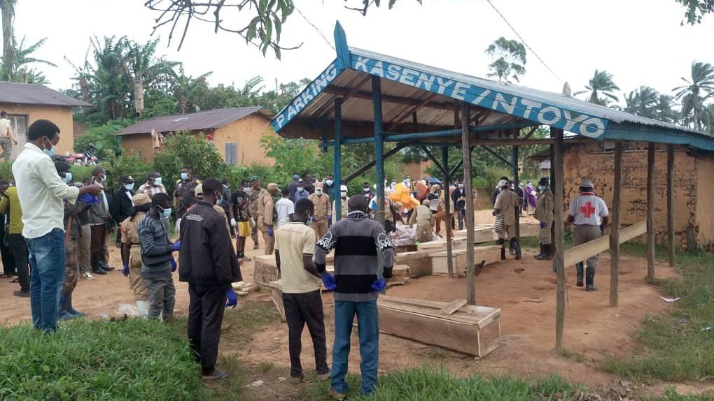 People attend the burial of victims of a Sept. 8-9, 2025, massacre in Ntoyo, in the area of St. Joseph of Manguredjipa Catholic Parish, in the Congolese province of North Kivu. According to local sources close to the charity, the massacre -- attributed to the Allied Democratic Forces -- left at least 64 dead, many of whom were killed while taking part in a wake. (OSV News photo/courtesy Aid to the Church)