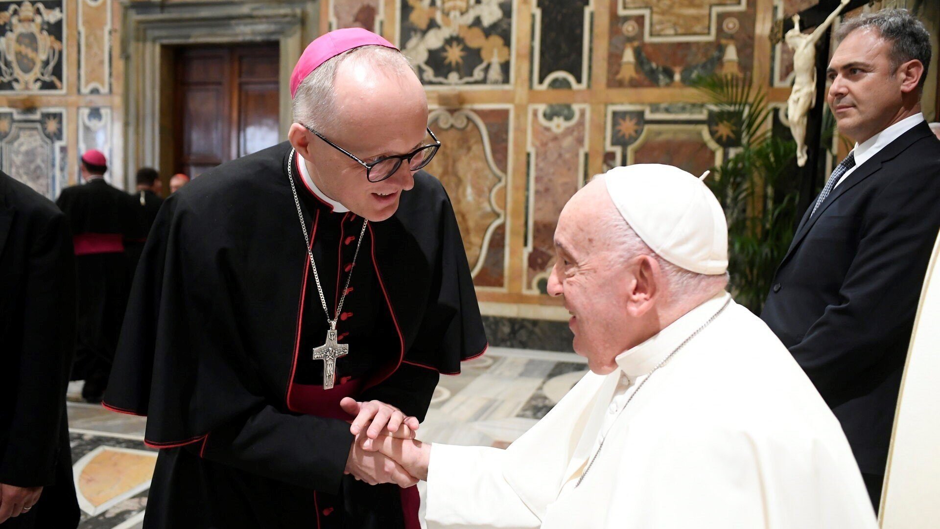 Los Angeles Auxiliary Bishop Slawomir S. Szkredka greets Pope Francis at the Vatican during a Sept. 19, 2024, audience with new bishops from around the world. Bishop Szkredka was appointed Sept. 19, 2025, as apostolic administrator of the Diocese of Monterey, Calif. (OSV News photo/Vatican Media)