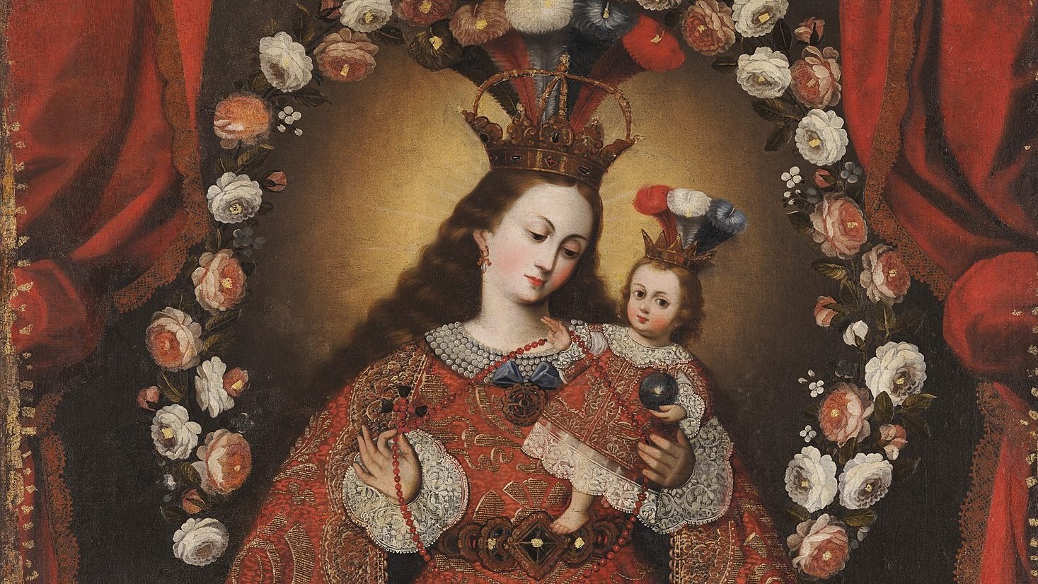 Detail from “Virgin of the Rosary of Pomata,” unidentified painter, 18th century, Spanish, located at the Museum of Colonial Art, Bogotá, Colombia. (Wikimedia Commons)