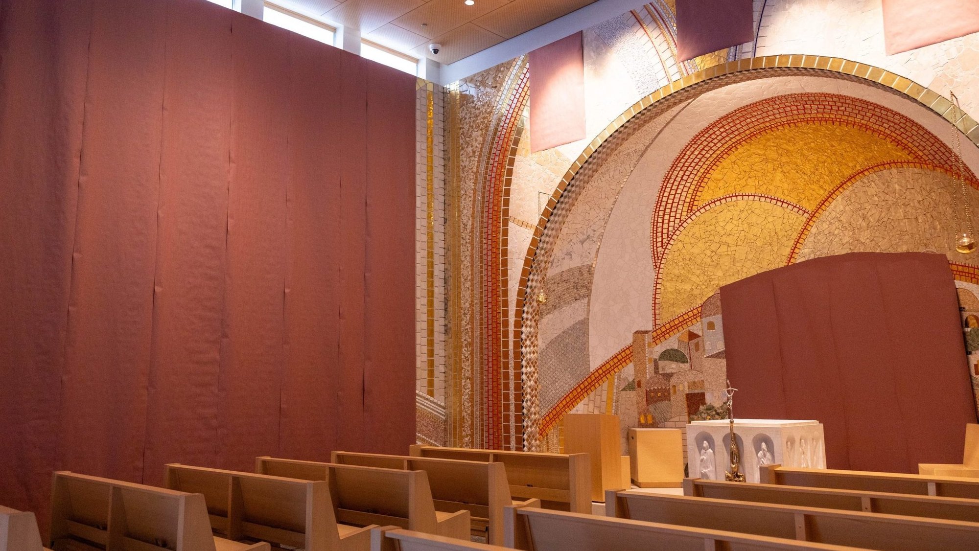 Paper covers the mosaics of Father Marko Rupnik July 23, 2024, in the Luminous Mysteries Chapel at the St. John Paul II National Shrine in Washington. (OSV News photo/Mihoko Owada)