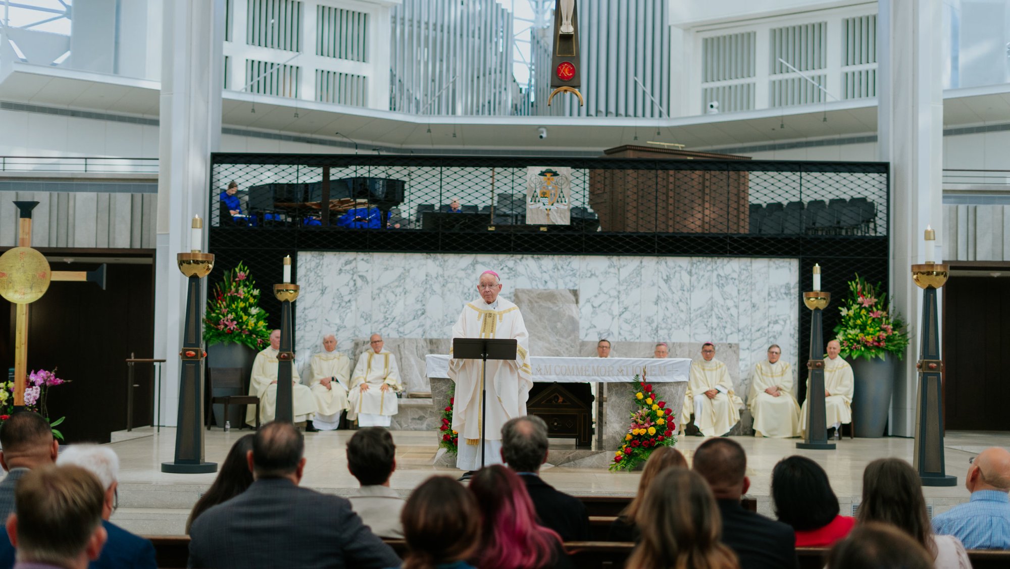 Los Angeles Archbishop José H. Gomez presides over Mass during the second day of the “Pilgrims of Hope: Serving the Vulnerable” conference at Christ Cathedral in Orange County on Oct. 10. (Slav Zatoka/Catholic Charities of Orange County)