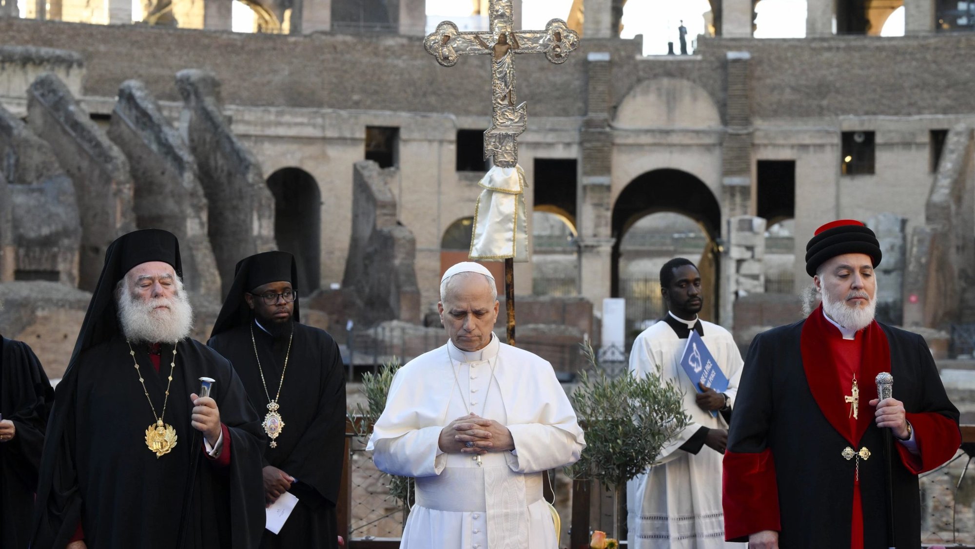 Approximately 300 representatives of world religions and cultures joined the Holy Father for an evening ecumenical prayer service for peace, organized by the Community of Sant’Egidio, on Oct. 28, 2025, at the Colosseum in Rome. (Vatican Media)