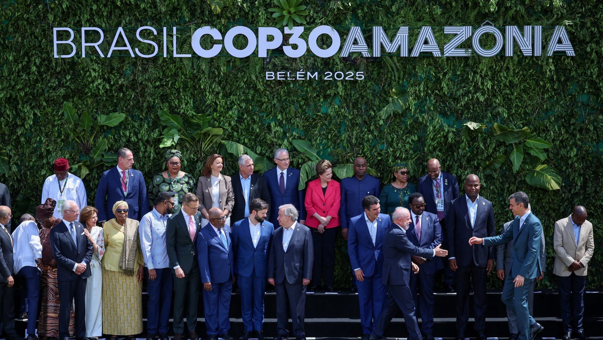 Brazil's President Luiz Inacio Lula da Silva greets Spain's Prime Minister Pedro Sanchez Nov. 7, 2025, as they and other delegates attending the Belem Climate Summit gather for a family photo in Belem, Brazil, ahead of the United Nations Climate Change Conference, or COP30, taking place Nov. 10-21. (OSV News photo/Adriano Machado, Reuters)