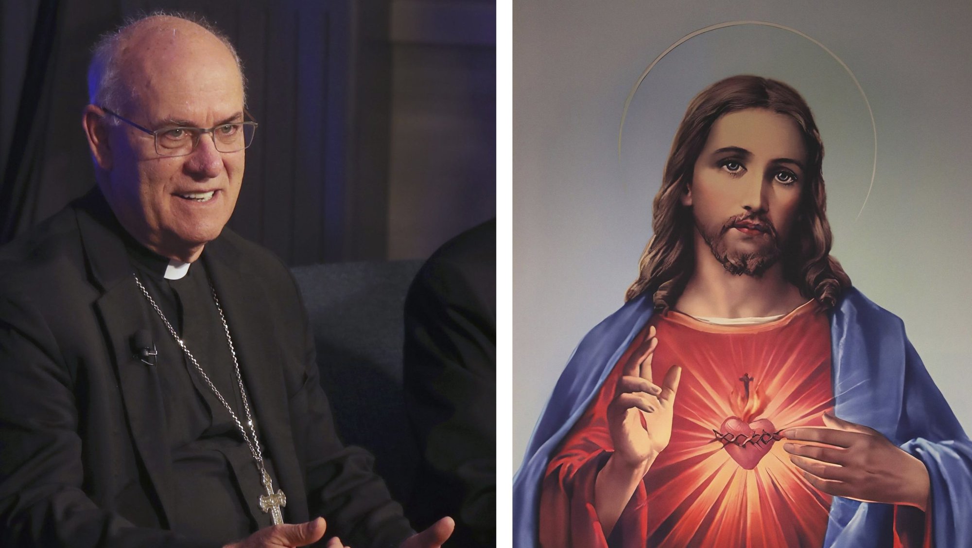Bishop Kevin C. Rhoades of Fort Wayne-South Bend, Ind., is pictured in a combination photo with a painting of the Sacred Heart of Jesus. The U.S. bishops voted Nov. 11, 2025, during their fall plenary assembly to consecrate the United States to the Sacred Heart for the nation's 250th anniversary in 2026. Bishop Rhoades, chair of the bishops' Committee for Religious Liberty, said the consecration would take place at the bishops' spring assembly in June, which concludes on the solemnity of the Most Sacred Heart of Jesus. (OSV News photo/Bob Roller)
