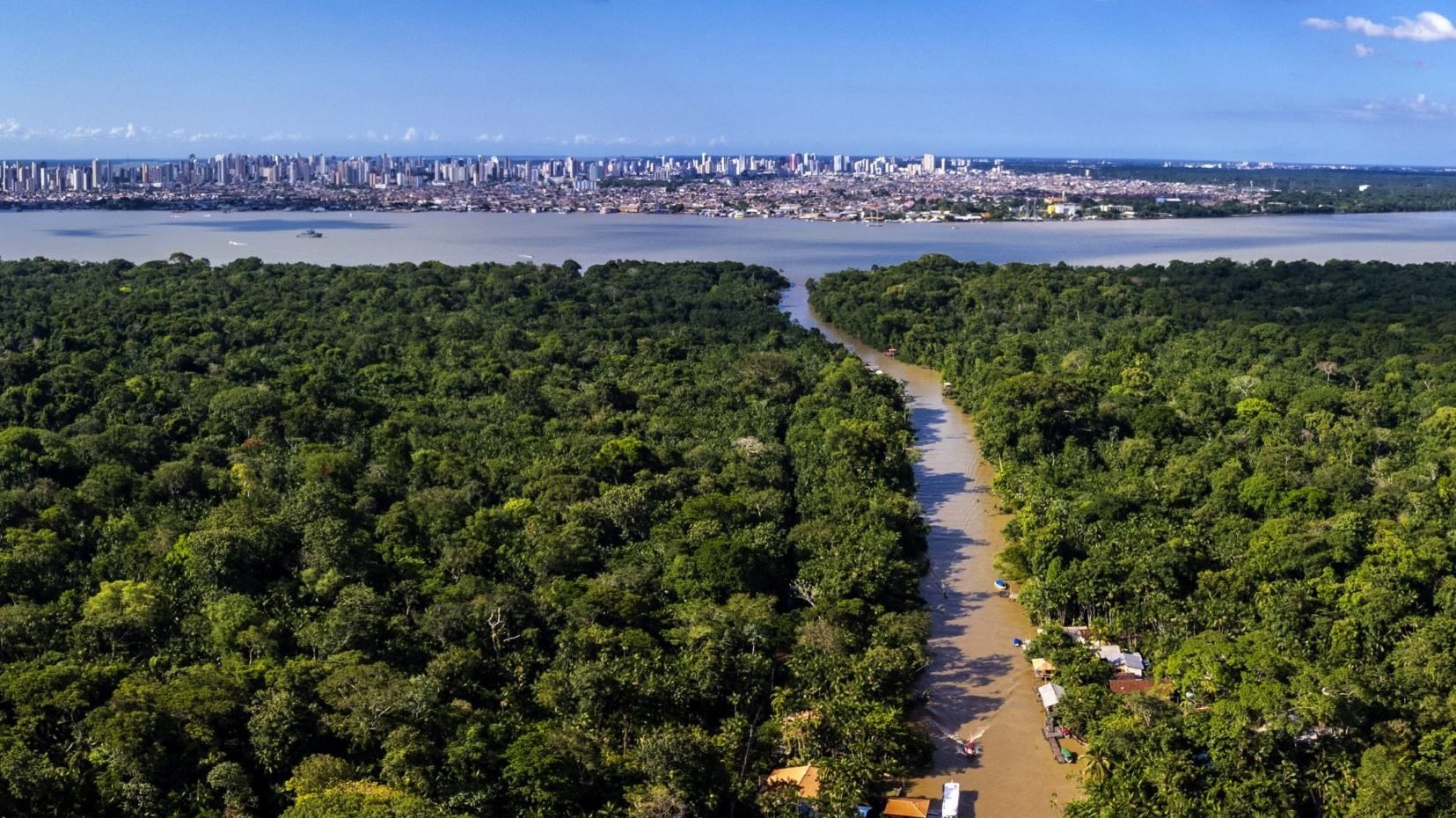 A drone view of the city of Belem, Brazil, is taken from Combu Island Nov. 8, 2025. Belem is hosting the U.N. Climate Conference, COP30. (CNS photo/Alex Ferro, COP30)