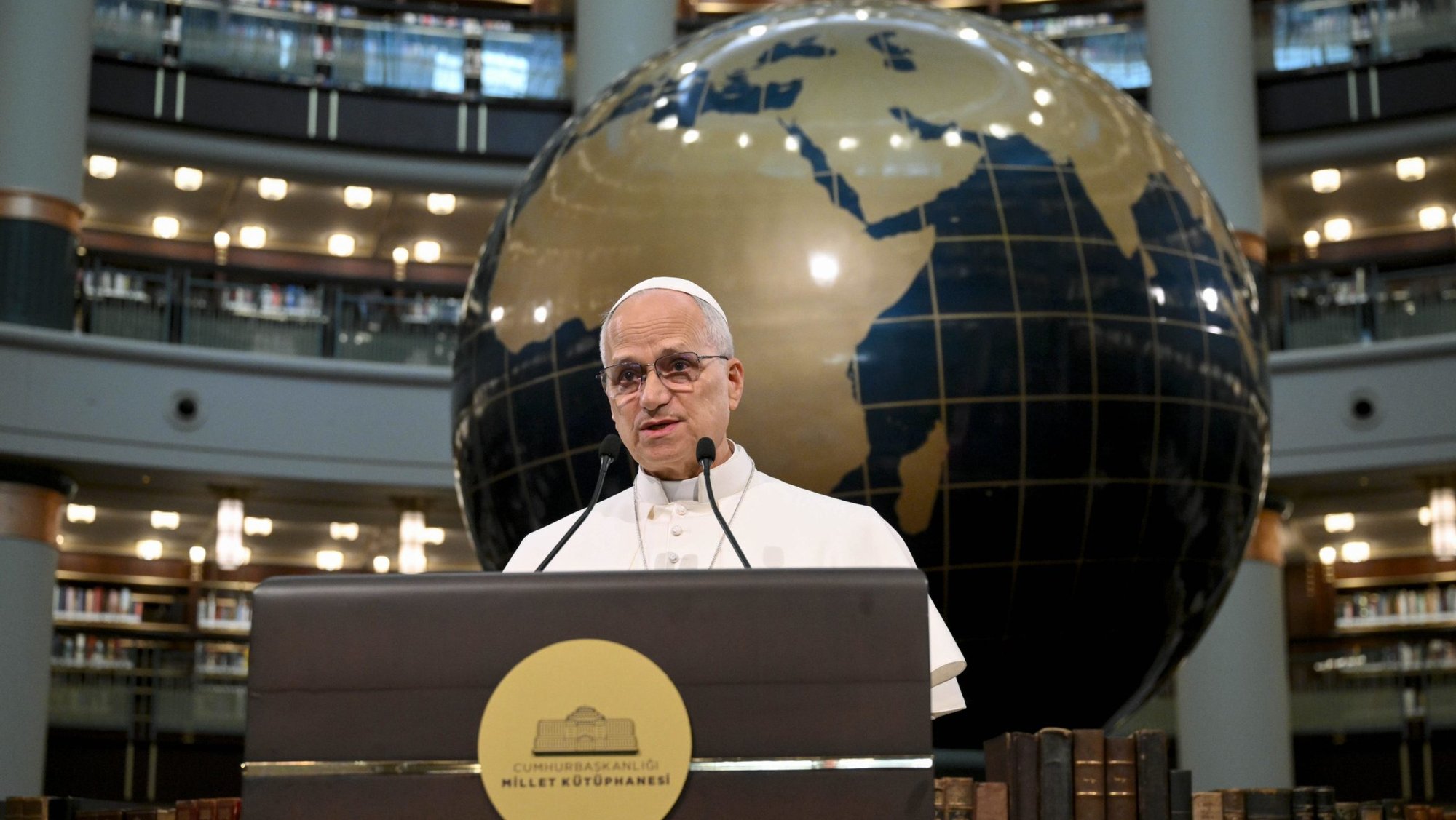 Pope Leo XIV speaks to Turkish President Recep Tayyip Erdogan, government and civil authorities in the National Library, part of the presidential palace complex, in Ankara, Turkey, Nov. 27, 2025. (CNS photo/Vatican Media)