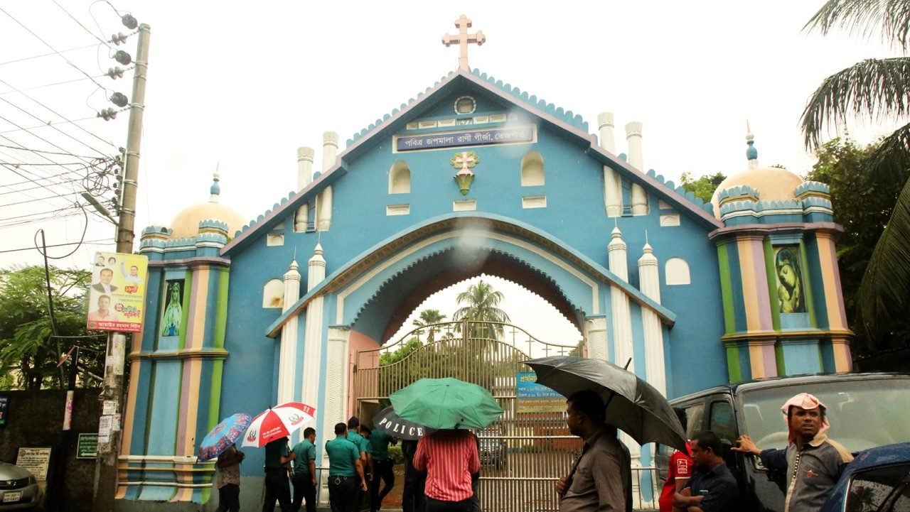 The main gate of Holy Rosary Church in Dhaka, Bangladesh, shows damage after two homemade bomb explosions on Oct. 8, 2025. (Stephan Uttom Rozario/CNA)