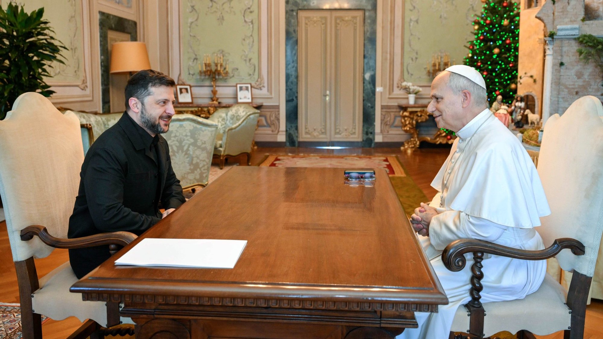 Ukrainian President Volodymyr Zelenskyy greets Pope Leo XIV during a meeting at the papal residence in Castel Gandolfo Dec. 9, 2025. (CNS photo/Vatican Media)