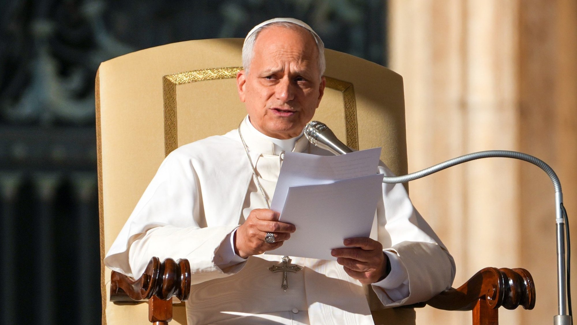 Pope Leo XIV talks during his weekly general audience in St. Peter's Square at the Vatican Dec. 10, 2025. (CNS photo/Lola Gomez)