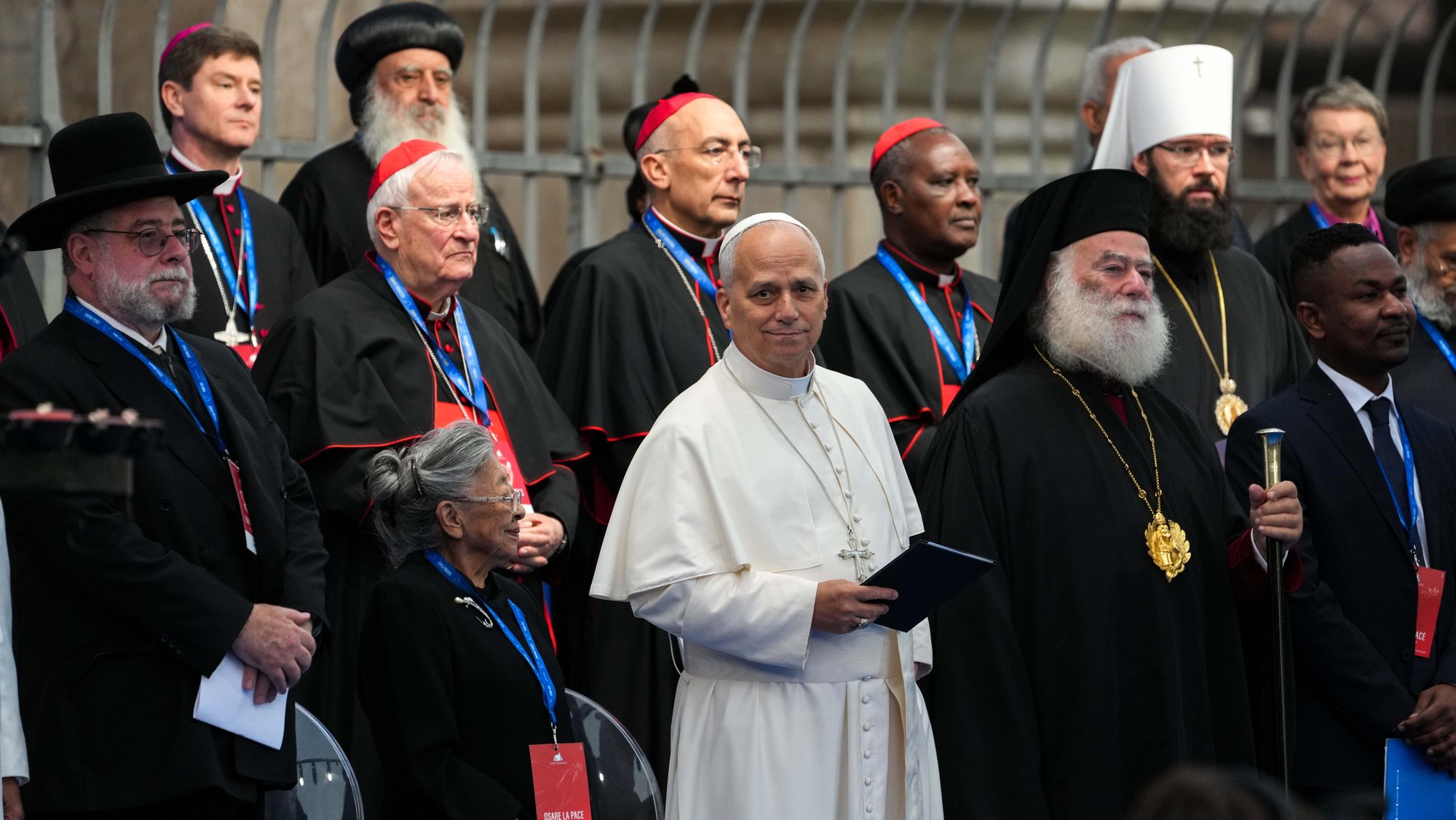 Pope Leo XIV joins religious leaders at the International Meeting of Dialogue and Prayer for Peace near the Colosseum in Rome Oct. 28, 2025. In his message for World Peace Day, the pope said religious leaders must refute "forms of blasphemy that profane the holy name of God" by using religion to defend war. (CNS photo/Lola Gomez)