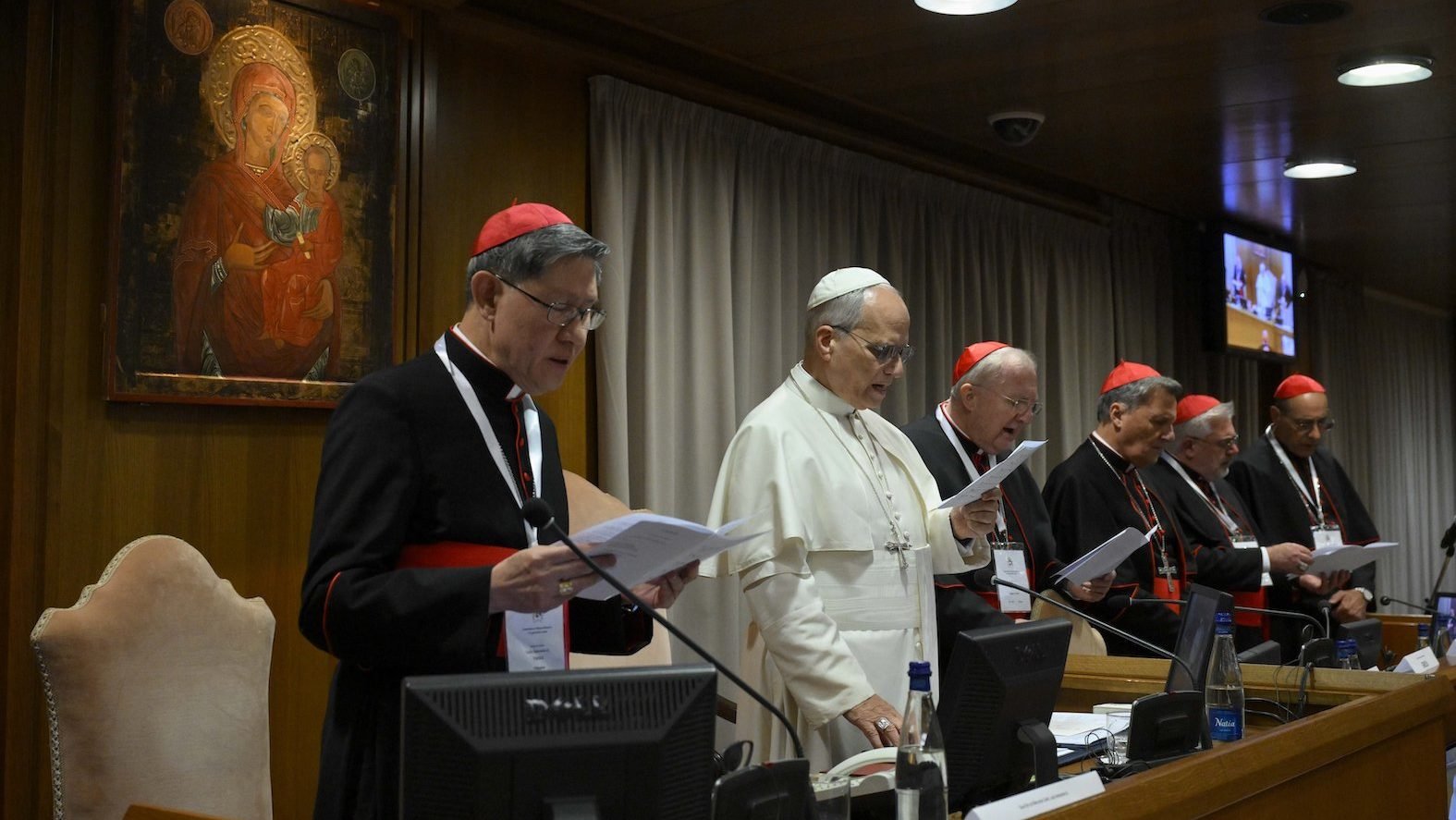 Pope Leo XIV holds a consistory with cardinals from around the world at the Vatican Jan. 8, 2026. At left is Cardinal Luis Antonio Tagle, pro-prefect of the Dicastery for Evangelization. (OSV News photo/Simone Risoluti, Vatican Media)