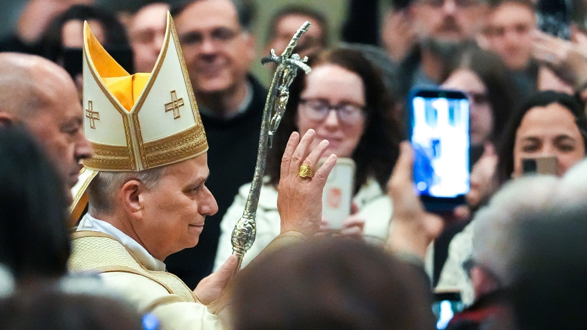 Pope Leo XIV waves as he arrives in a procession to preside over an evening prayer service at the Basilica of St. Paul Outside the Walls in Rome Jan. 25, 2026, concluding the Week of Prayer for Christian Unity. (CNS photo/Lola Gomez)