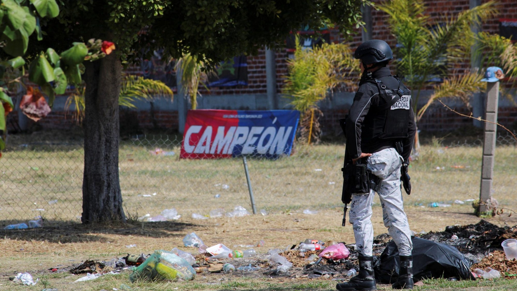 A member of the National Guard stands at a soccer field in the municipality of Salamanca, Mexico, Jan. 26, 2026, at the site where a group of armed attackers killed several people during a soccer match. (OSV News/Juan Moreno, Reuters)
