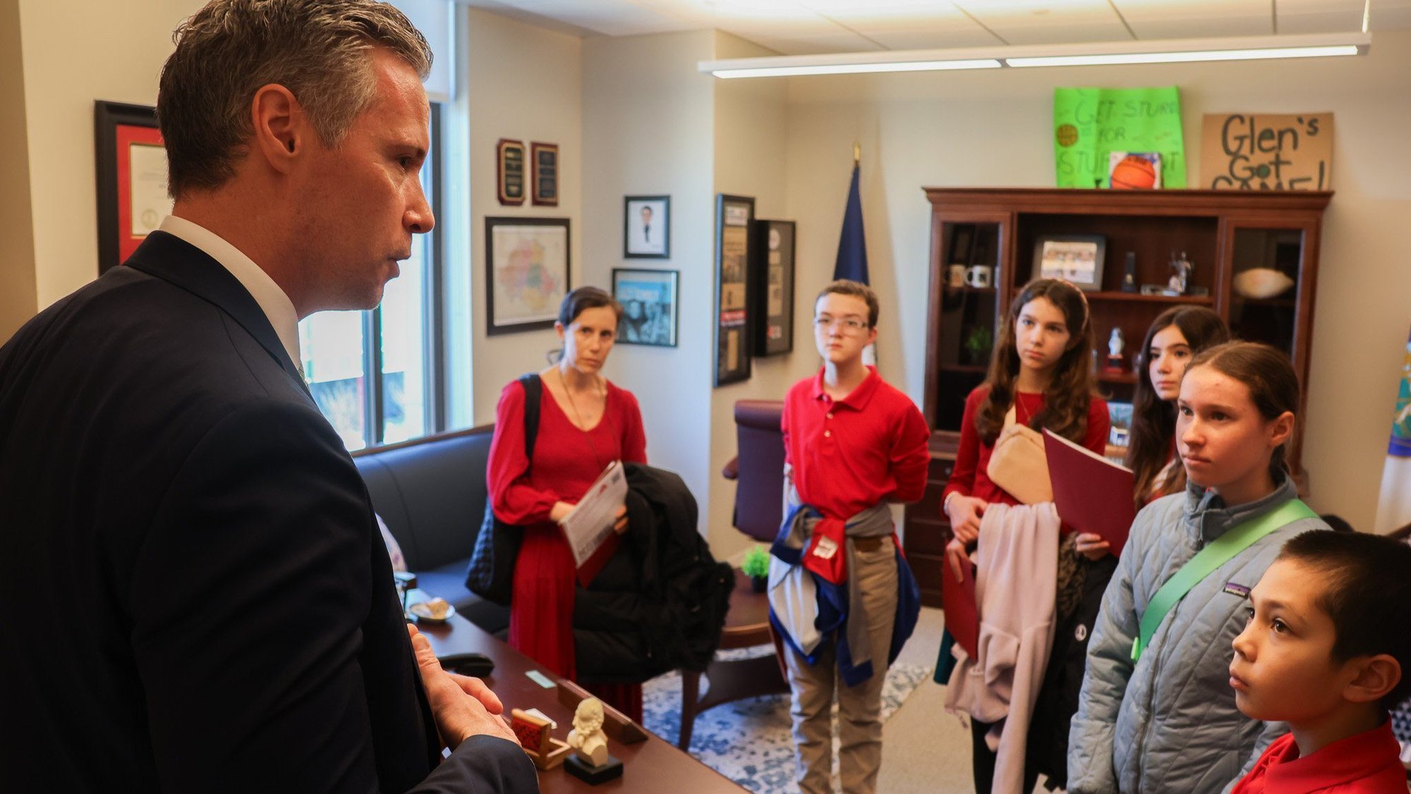 Republican Virginia State Sen. Glen Sturtevant meets with students in his office at the General Assembly Building in Richmond during Virginia Pro-Life Day Jan. 15, 2026. (OSV News photo/Claire Bebermeyer, Diocese of Richmond)