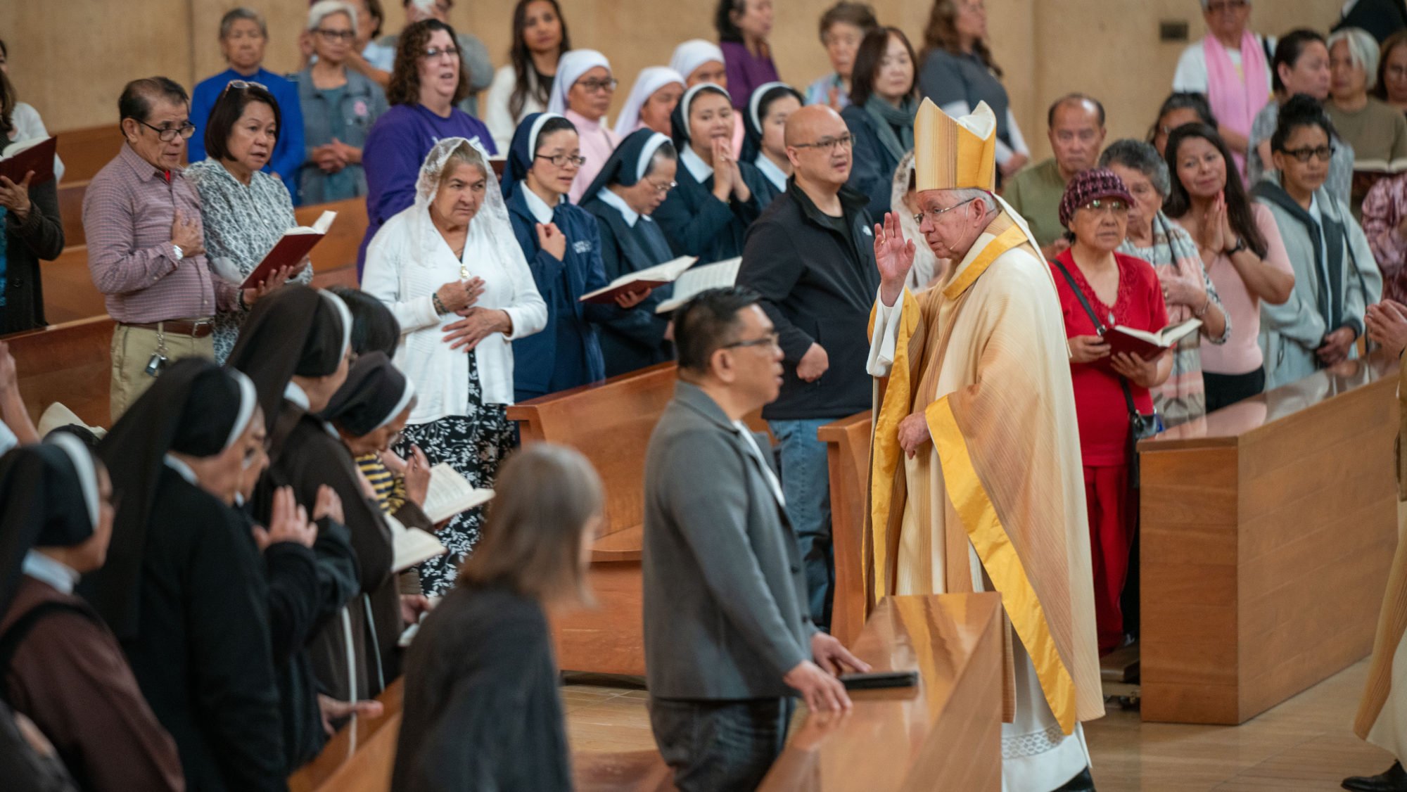 Archbishop José H. Gomez blesses those attending the Cathedral of Our Lady of the Angels for a special Mass on Feb. 4 for peace amid unrest. (John Rueda)