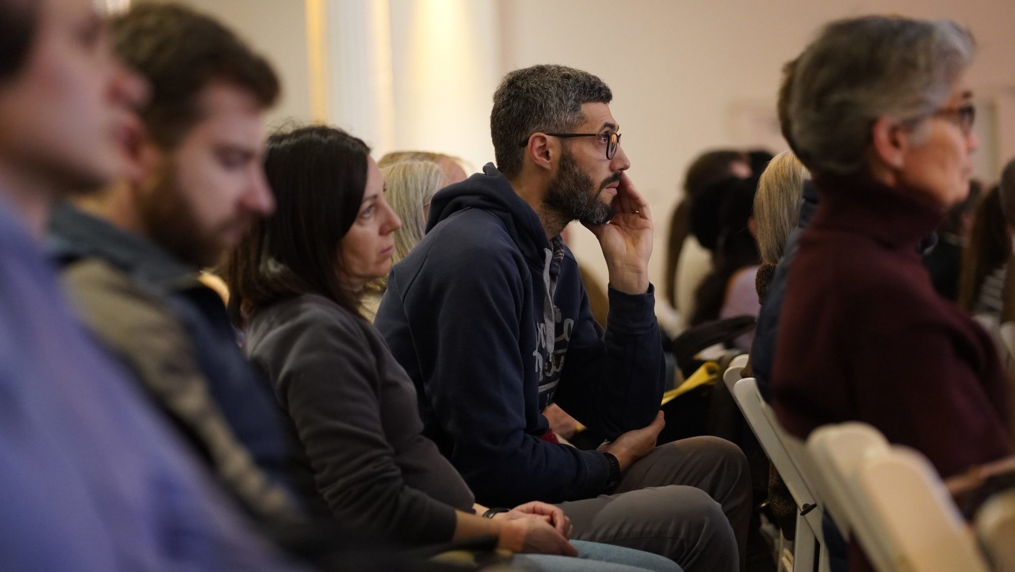 People attend a panel discussion on the status of faith and hope in Ukraine amid the nation's ongoing war with Russia during a presentation at Communion and Liberation's annual New York Encounter in New York City Feb. 14, 2026. (OSV News photo/Gregory A. Shemitz)