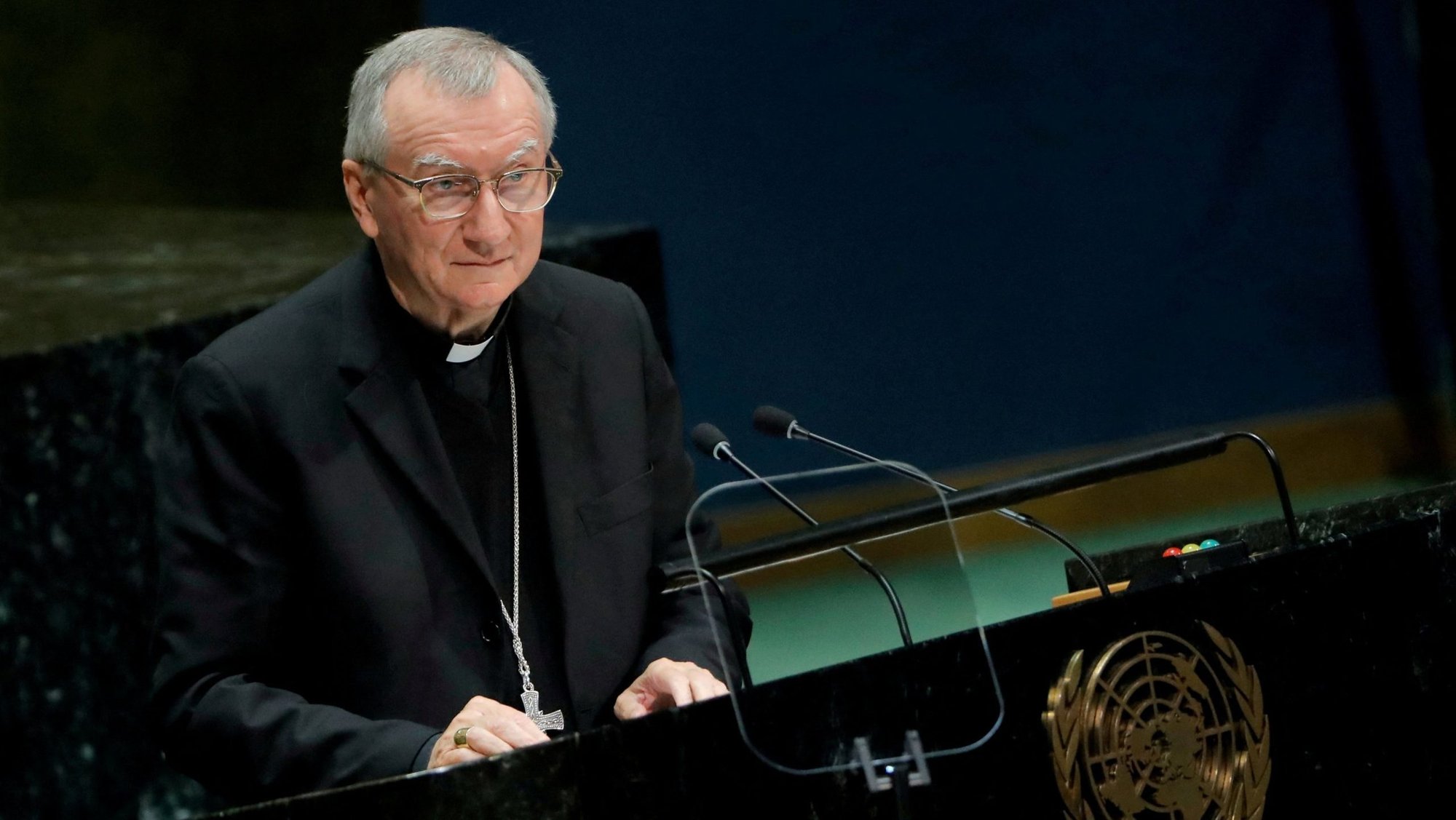 Cardinal Pietro Parolin, Vatican secretary of state, is seen Sept. 28, 2019, addressing the 74th session of the General Assembly of the United Nations at U.N. headquarters in New York. The cardinal told reporters at a bilateral meeting in Rome with the Italian government Feb. 17, 2026, that the Holy See "will not participate" in President Donald Trump's "Board of Peace" for Gaza. (OSV News photo/Brendan McDermid, Reuters)