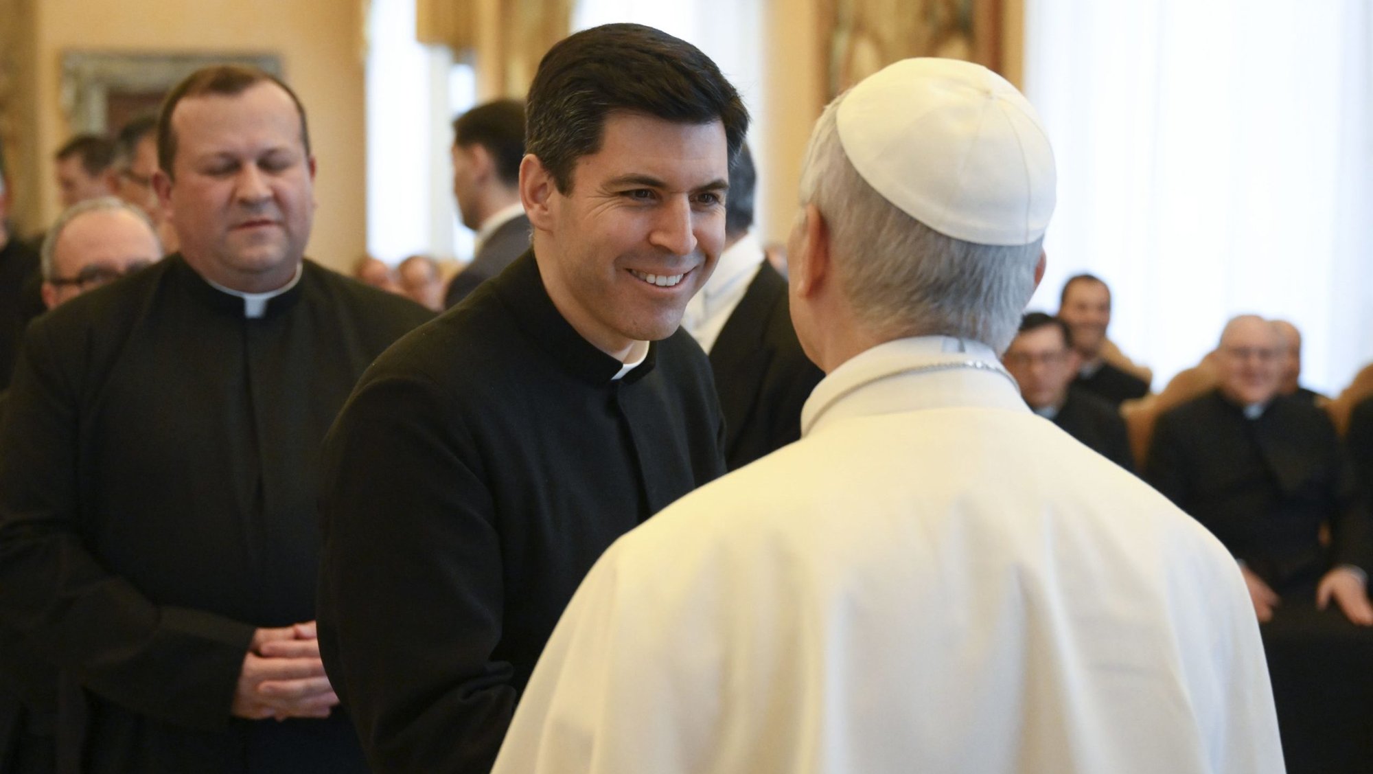 Pope Leo XIV greets members of the General Chapter of the Legionaries of Christ at the Vatican Feb. 19, 2026. Pope Leo reminded the members that exercising governance and authority is meant as a service and not as a means to control others. (OSV News photo/Mario Tomassetti, Vatican Media)