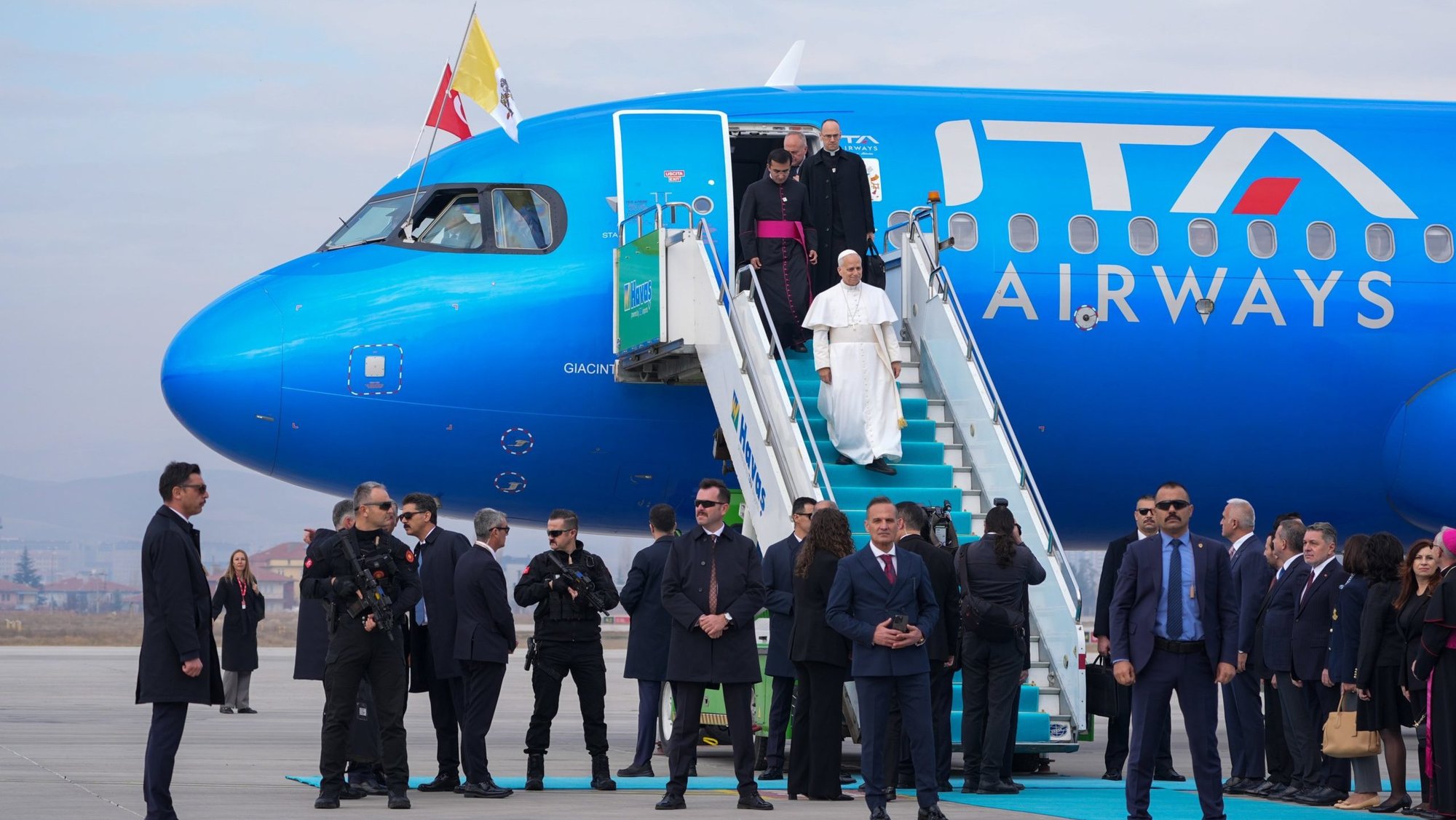 Pope Leo XIV arrives by plane from Rome in Ankara, Turkey, Nov. 27, 2025, at the beginning of his first international papal trip. The Vatican announced Feb. 25, 2026, that Pope Leo will travel to Monaco, Algeria, Cameroon, Angola, Equatorial Guinea and Spain. (CNS photo/Lola Gomez)