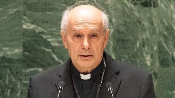 Archbishop Gabriele G. Caccia, the Holy See's permanent observer to the United Nations, is pictured in a 2023 photo addressing the General Assembly at U.N. headquarters in New York City. Archbishop Caccia, outgoing permanent observer of the Holy See and newly named papal nuncio to the U.S., delivered a statement at the United Nations affirming the Catholic Church's opposition to surrogacy as an affront to human dignity. (OSV News photo/Rick Bajornas, courtesy United Nations)