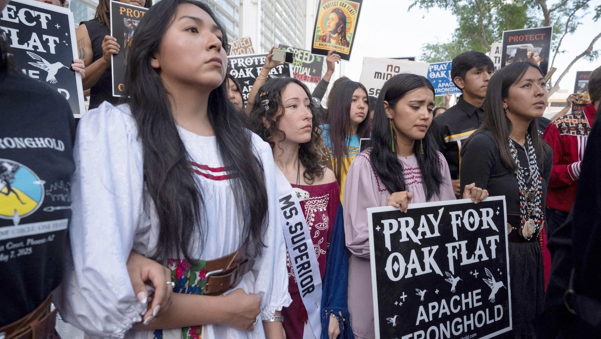 Supporters of the San Carlos Apache Tribe gather outside of the Sandra Day O'Connor U.S. Courthouse in Phoenix May 7, 2025, to protest the sale of Oak Flat, Ariz., land considered sacred by the Apache, to the Resolution Copper mining company. The Trump administration said March 23, 2026, it has cleared a legal path to proceed with a copper mining project it says will increase U.S. energy and manufacturing. However, the site is at the center of a religious liberty dispute rejected by the U.S. Supreme Court last year that a group of Native peoples continued to appeal. (OSV News photo/Stephanie Keith, Reuters)