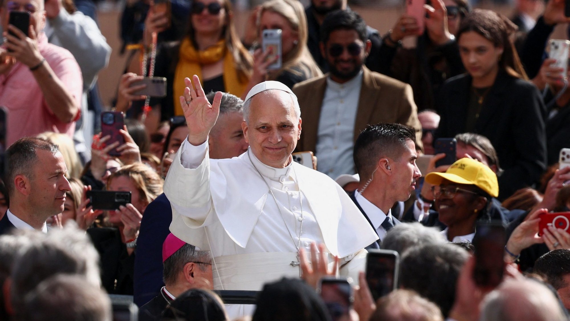 Pope Leo XIV waves as he arrives to celebratesMass at Louis II Stadium as part of a one-day apostolic trip in Monaco, March 28, 2026. It is Pope Leo's first international journey of 2026 and only the second of his pontificate. (OSV News photo/Guglielmo Mangiapane, Reuters)