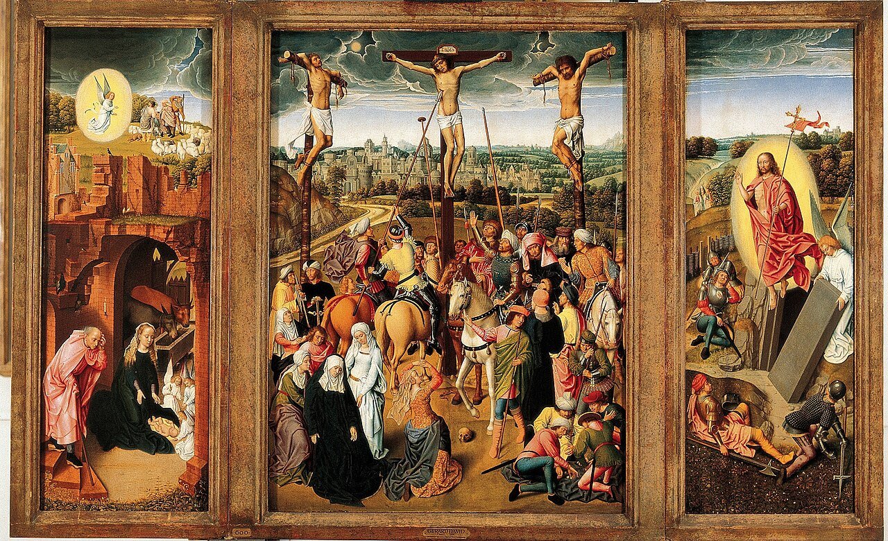 “Triptych with Birth, Crucifixion and Resurrection of Christ,” follower of Hans Memling, 1430-1494, Flemish. (Wikimedia Commons)