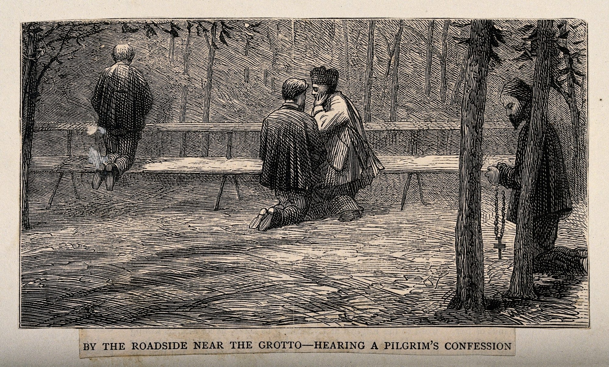 Lourdes, Haute Pyrénées, France: Pilgrims praying and confessing by the roadside. Wood engraving. (Wikimedia Commons)