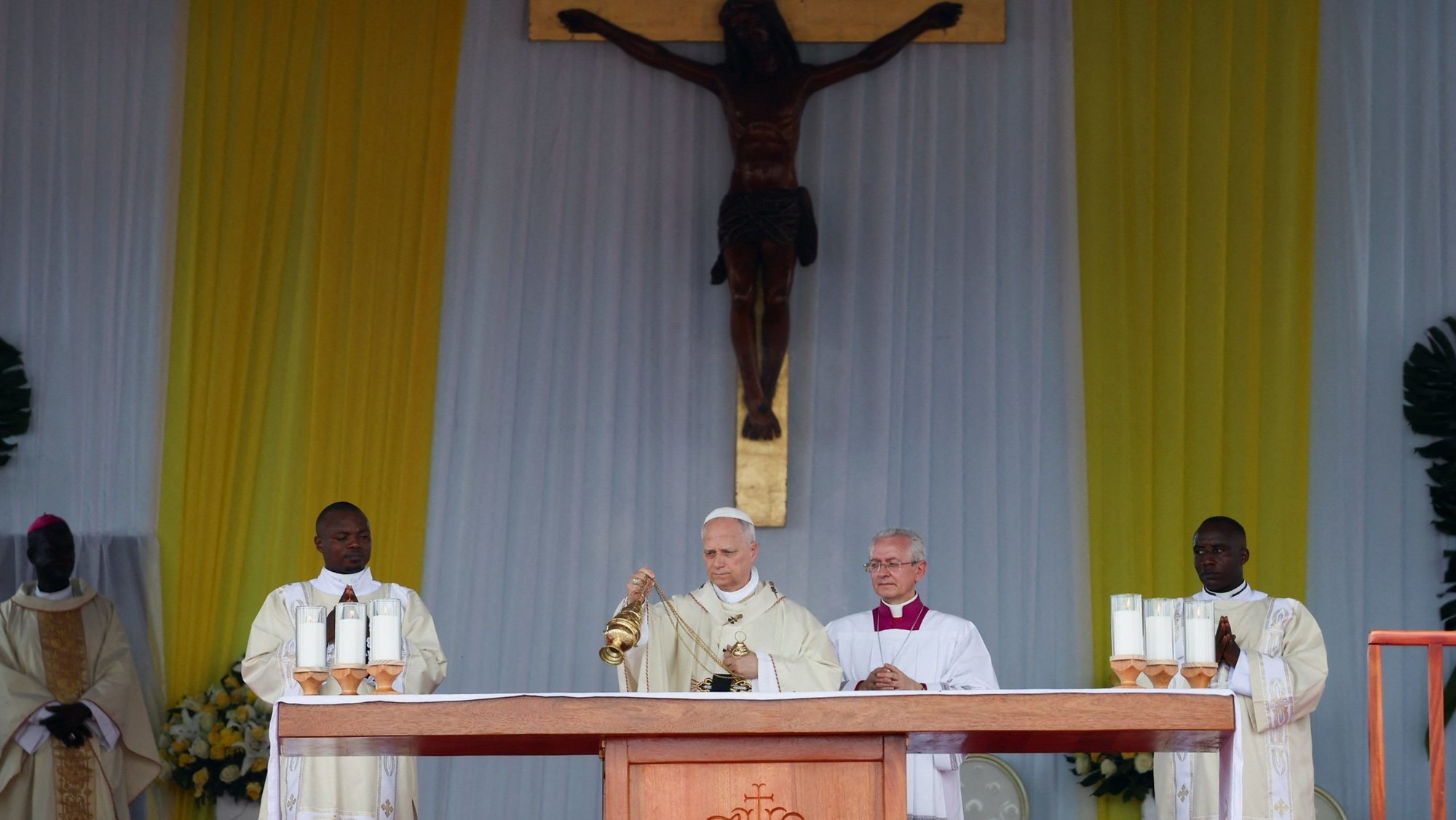 Pope Leo XIV holds a Mass near Japoma Stadium in Douala, Cameroon, April 17, 2026. (OSV News photo/Guglielmo Mangiapane, Reuters)