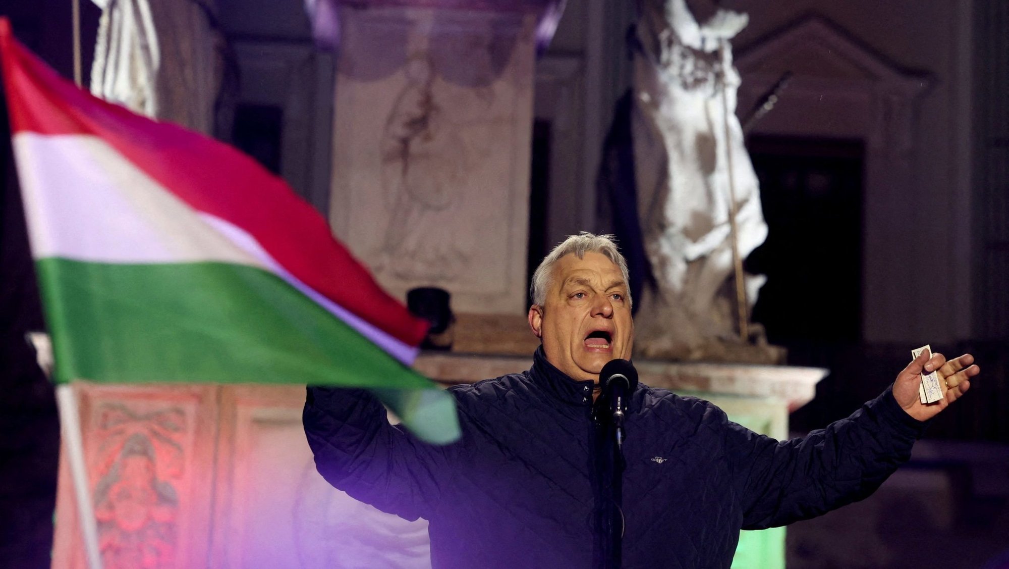 Hungarian Prime Minister Viktor Orbán speaks during an election campaign rally in Gyor March 27, 2026. (OSV News photo/Bernadett Szabo, pool via Reuters)
