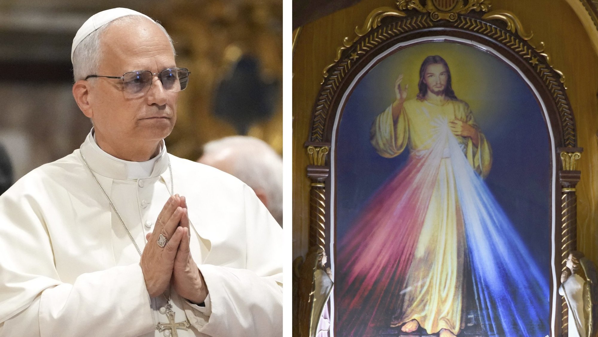 Pope Leo XIV is pictured gesturing in prayer at the Vatican in a combination photo with an image of the Divine Mercy at a Catholic Church in La Paz, Bolivia. Across the U.S., united with Pope Leo, Catholics are joining with their bishops and pastors in praying for peace on the eve of Divine Mercy Sunday April 11, 2026. (OSV News photo/Lola Gomez, Claudia Morales, Reuters)
