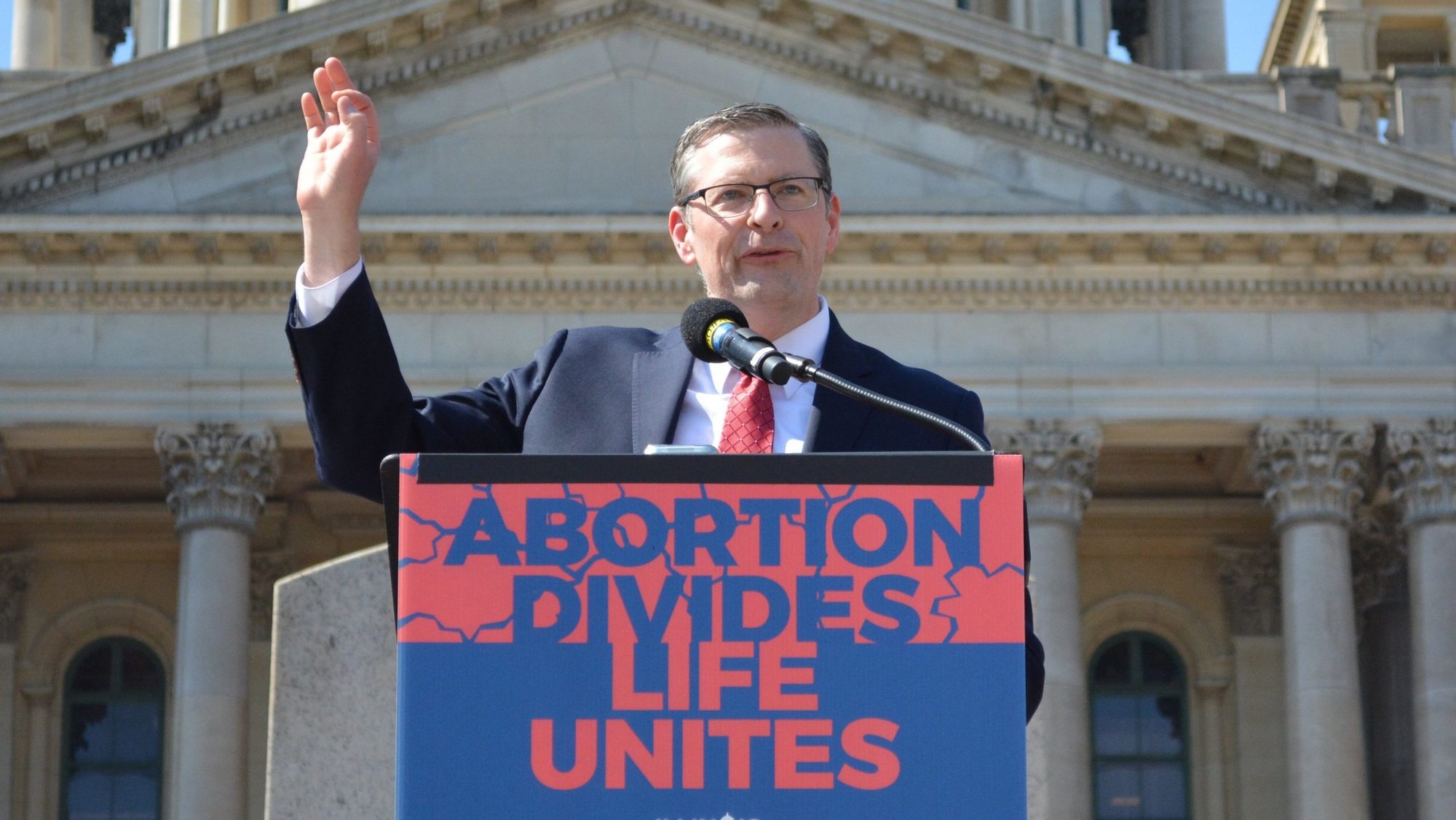 Peter Breen, executive vice president and head of litigation at the Chicago-based Thomas More Society speaks at the Illinois Capitol in Springfield, Ill., during the Illinois Pro-Life March on March 19, 2026. A federal appellate court in Chicago heard oral arguments April 10 in a case that challenges an Illinois conscientious objectors law that would compel physicians and pregnancy centers to refer patients who ask, to abortion providers. (OSV News photo/Simone Orendain)