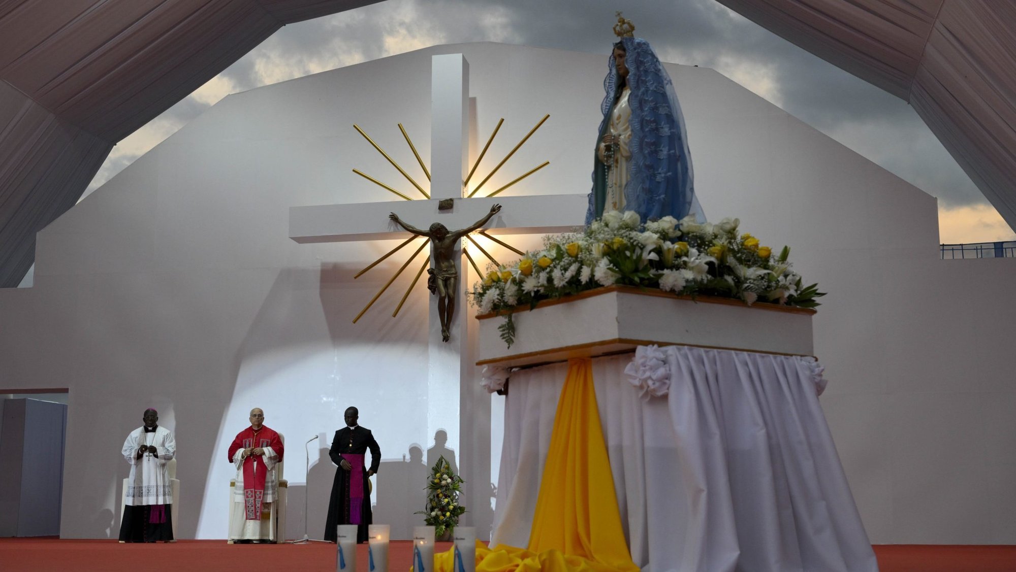 Pope Leo XIV leads the rosary at the Sanctuary of Our Lady of Muxima in Muxima, Angola, April 19, 2026. (OSV News photo/Simone Risoluti, Vatican Media)