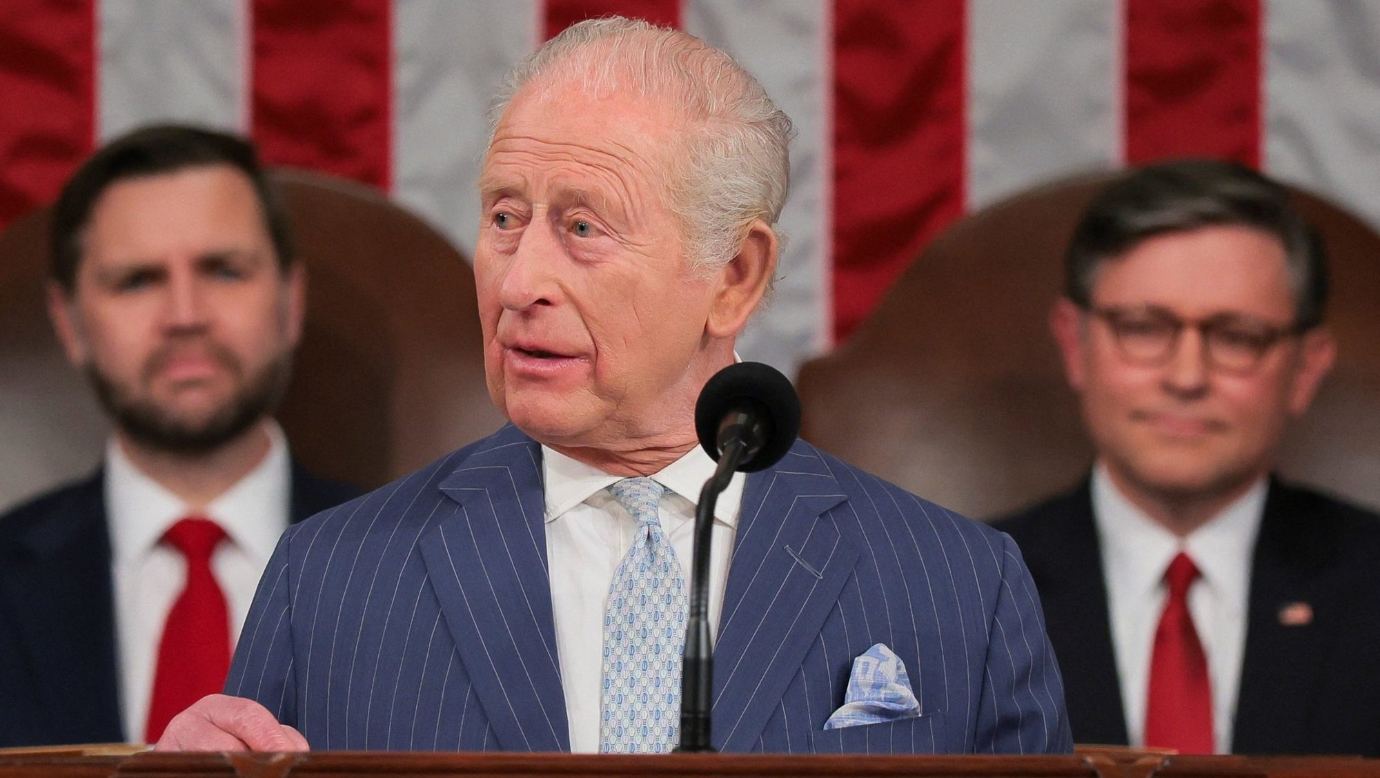 U.S. Vice President JD Vance and House Speaker Mike Johnson, R-La., look on as Britain's King Charles III addresses members of Congress at the U.S. Capitol in Washington April 28, 2026. He became the first British monarch to address the Congress since his mother, Queen Elizabeth II, in 1991. (OSV News photo/Elizabeth Frantz, Reuters)