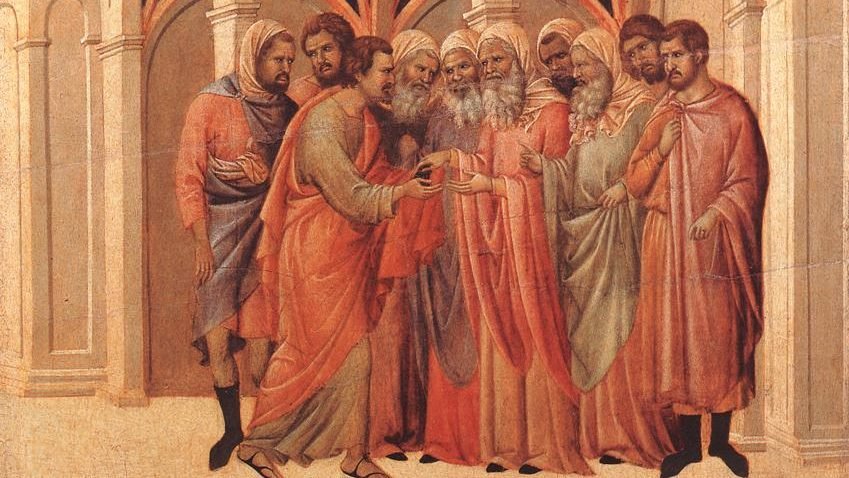 Judas making a bargain with the Pharisees, depicted by Duccio di Buoninsegna, 1255-1319, Italian. (Wikimedia Commons)