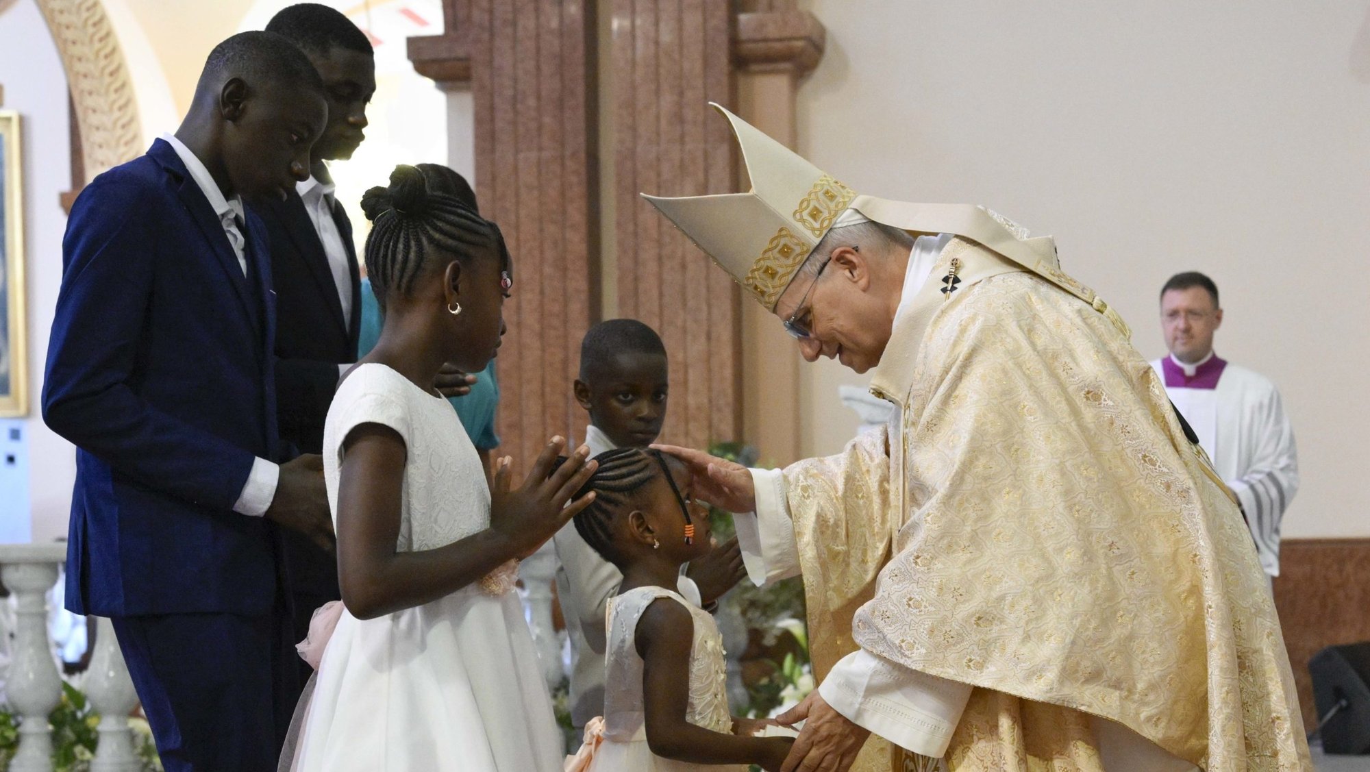 Pope Leo XIV greets Catholics during Mass at the Basilica of the Immaculate Conception in Mengomeyén, Equatorial Guinea, on Wednesday, April 22. (EWTN/Vatican Media)