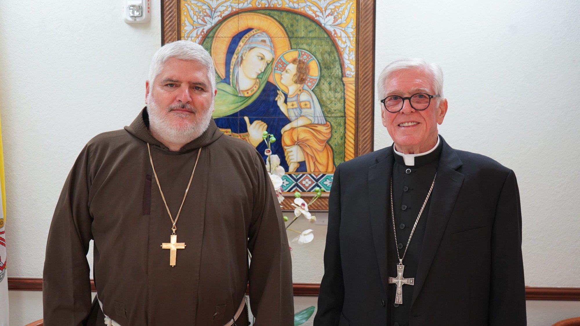 Father Emilio Biosca Agüero, a Capuchin Franciscan missionary who served in Cuba and Papua New Guinea, and Bishop Frank J. Dewane of Venice, Fla., pose for a photo in Venice May 13, 2026, after it was announced that Pope Leo XIV has accepted the resignation of Bishop Dewane, 76, who had led the southwest Florida diocese since 2006, and appointed Father Biosca as the new bishop of Venice. (OSV News photo/courtesy Diocese of Venice)