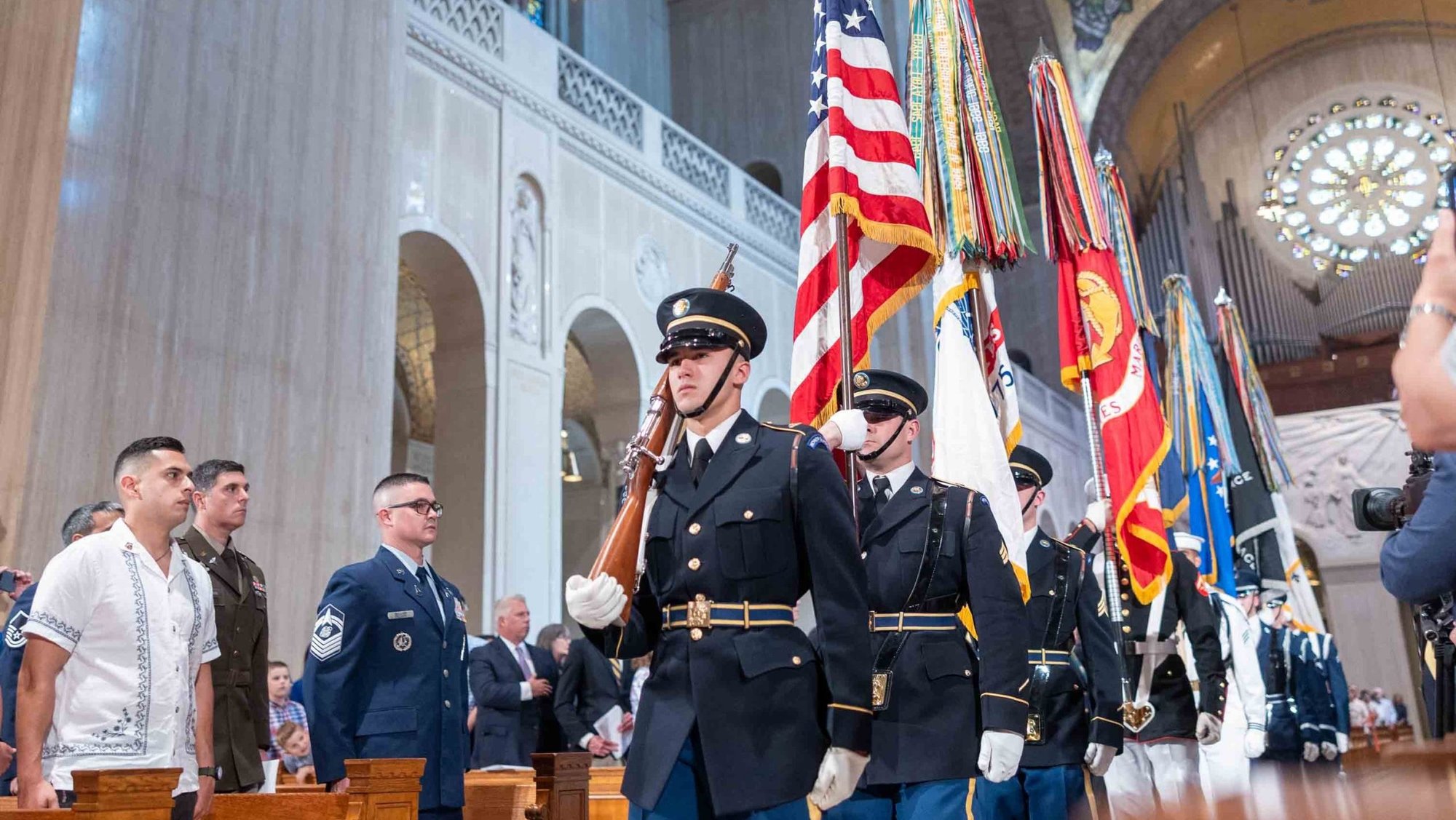 Members of the honor guard process in during the annual Pilgrimage and Memorial Mass at the Basilica of the National Shrine of the Immaculate Conception in Washington May 17, 2026. The Mass honors the men and women who have served in the United States Armed Forces, particularly those who paid the ultimate price for American liberty. Memorial Day is observed May 25 this year. (OSV News photo/Mihoko Owada, Catholic Standard)