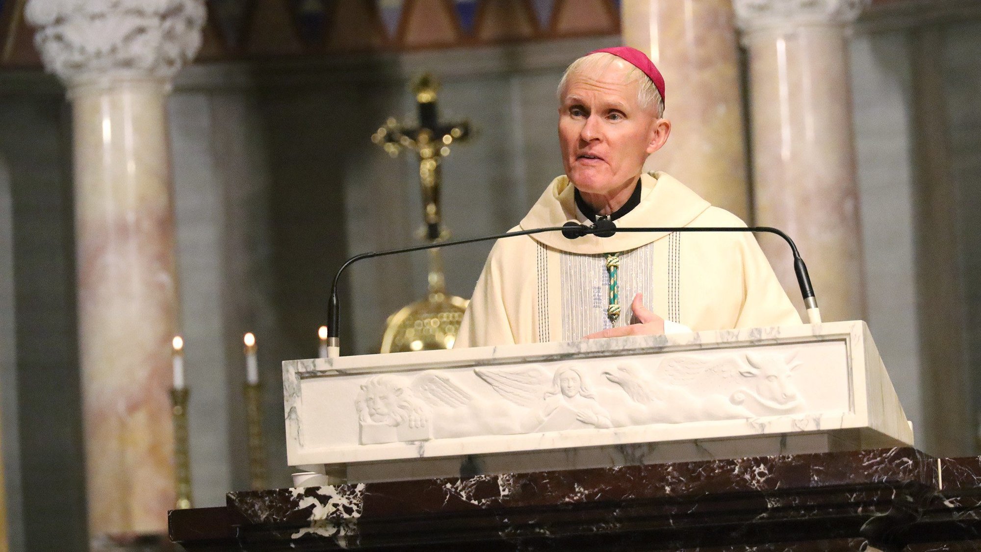 Bishop Mark E. Brennan of Wheeling-Charleston, W.Va., delivers the homily at the Cathedral of St. Joseph Aug. 15, 2022, during Mass on the feast of the Assumption. (CNS photo/Colleen Rowan, The Catholic Spirit)