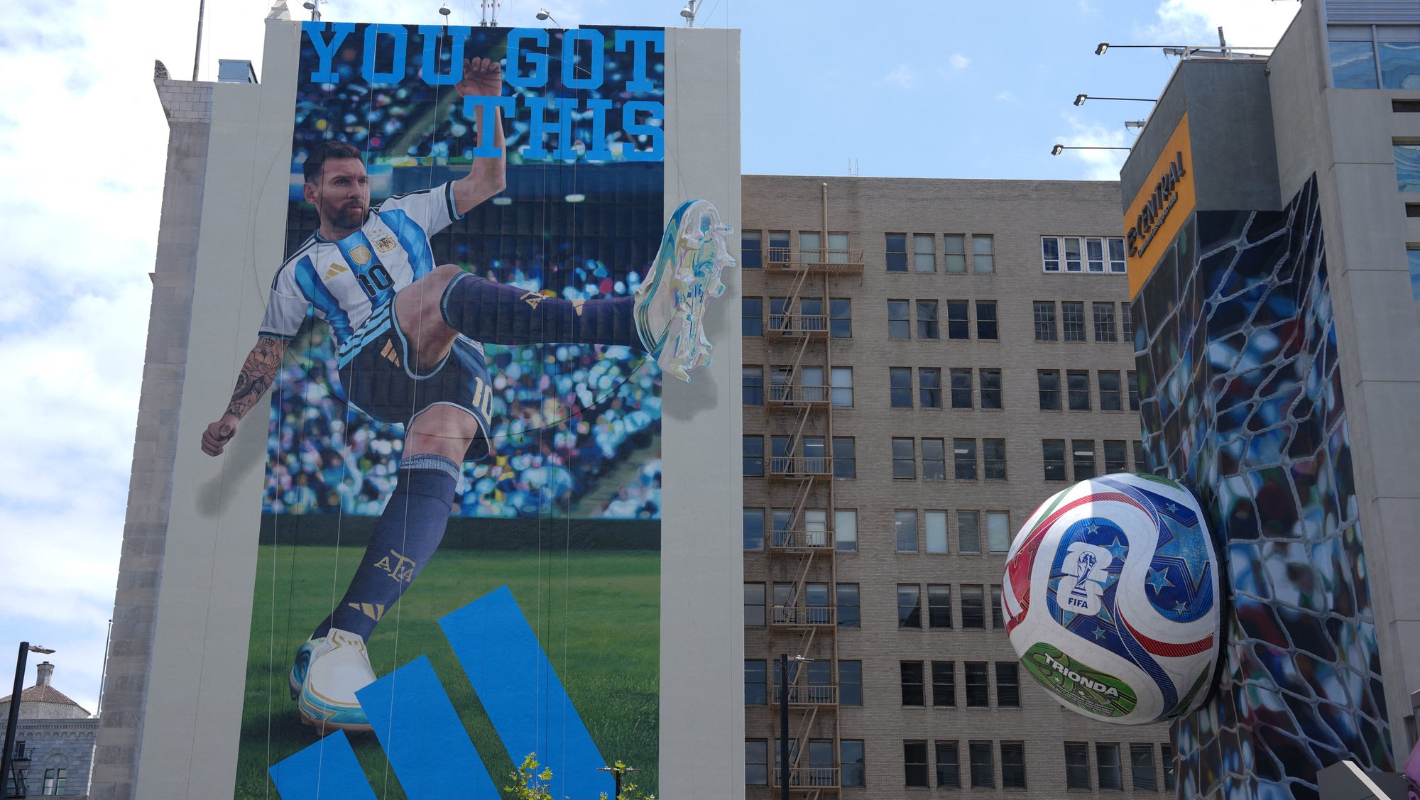 An Adidas advertisement featuring Lionel Messi for the FIFA World Cup 2026 is displayed at the E-Central Los Angeles hotel May 28, 2026, ahead of June 11-July 19 soccer matches. Mandatory Credit: (OSV News photo/Kirby Lee-Imagn Images via Reuters)