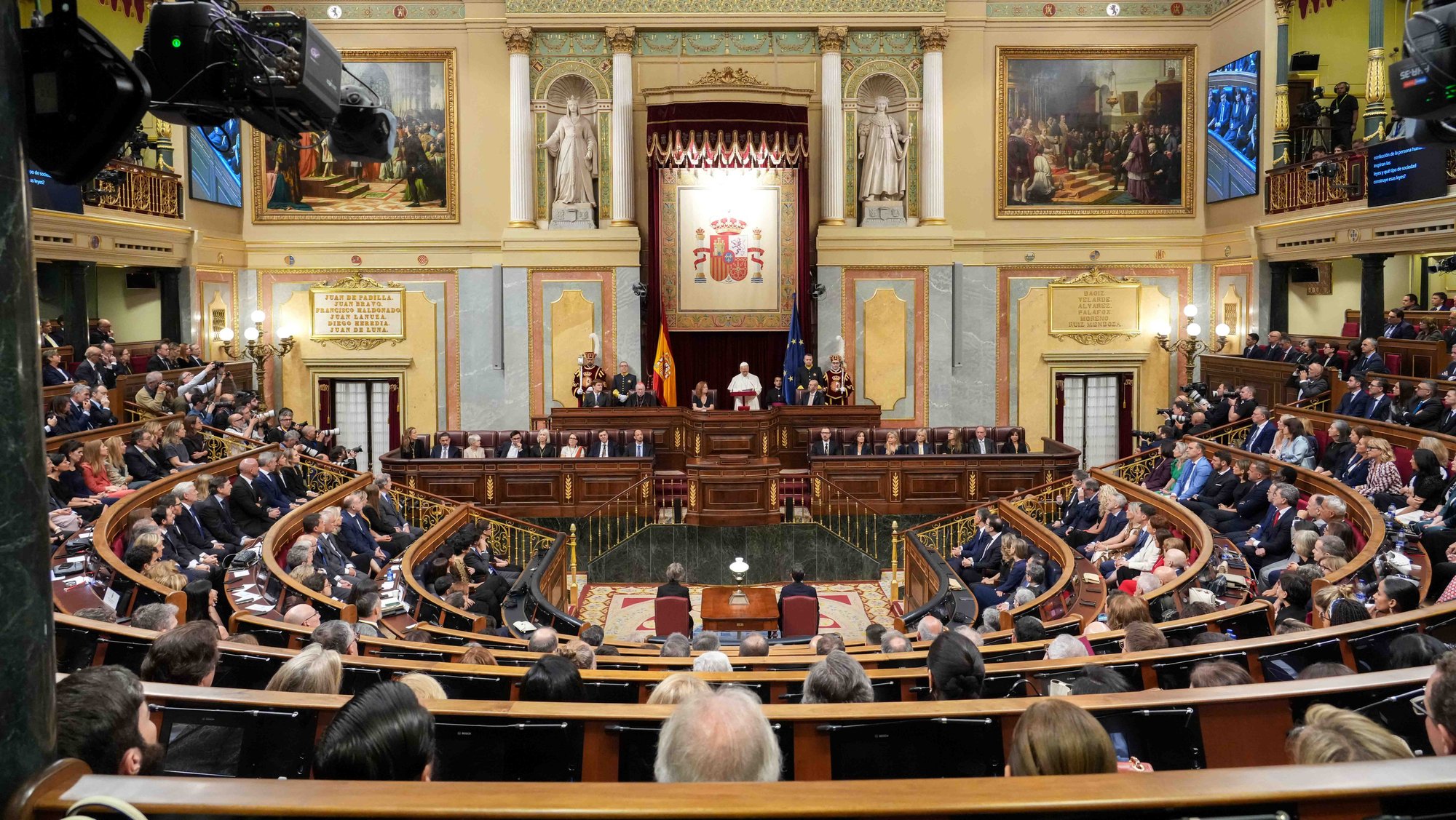 Pope Leo XIV addresses members of the Spanish Parliament at the Congress of Deputies in Madrid June 8, 2026, during his apostolic journey to Spain. (CNS photo/Lola Gomez)