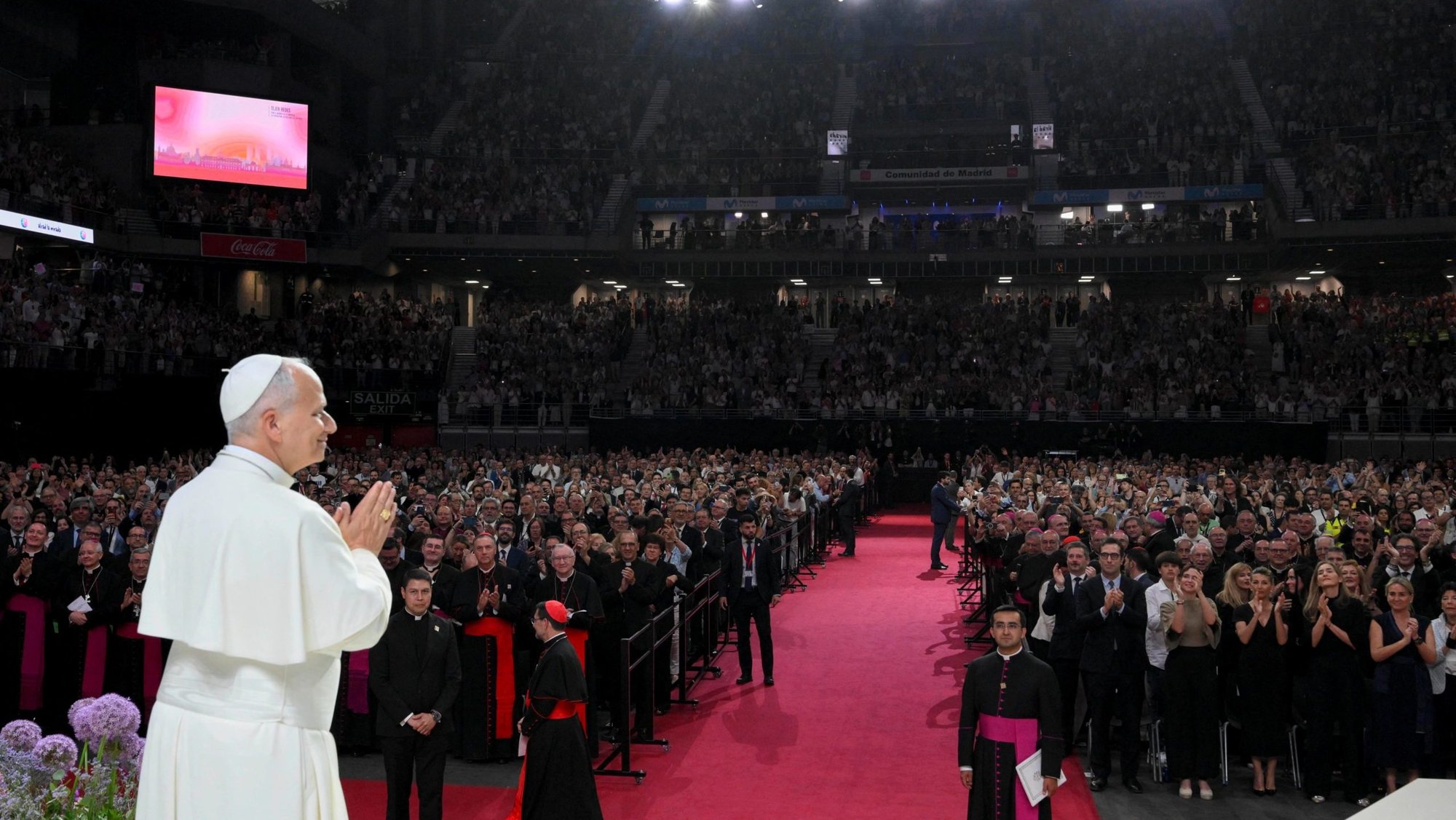 Pope Leo XIV gestures as he attends the event "Building Networks with the World of Culture, Art, Economy and Sport" at Movistar Arena in Madrid June 7, 2026, during his June 6-12 apostolic journey to Spain. (OSV News photo/Elisabetta Trevisan, Vatican Media)